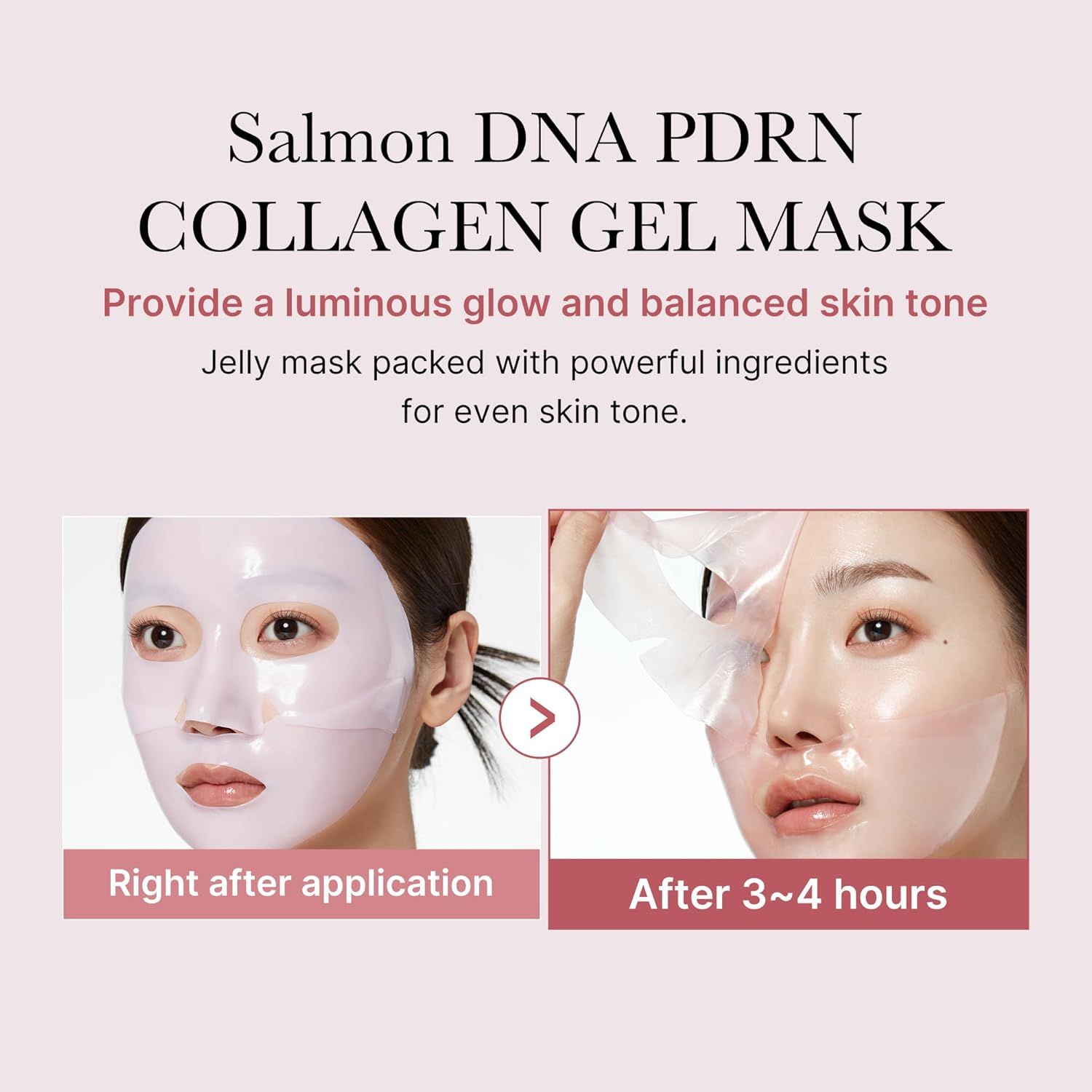 Zwei Fotos zeigen eine Frau mit Gesichtsmaske. Text: Salmon DNA PDRN COLLAGEN GEL MASK. Rechts nach 3-4 Stunden.