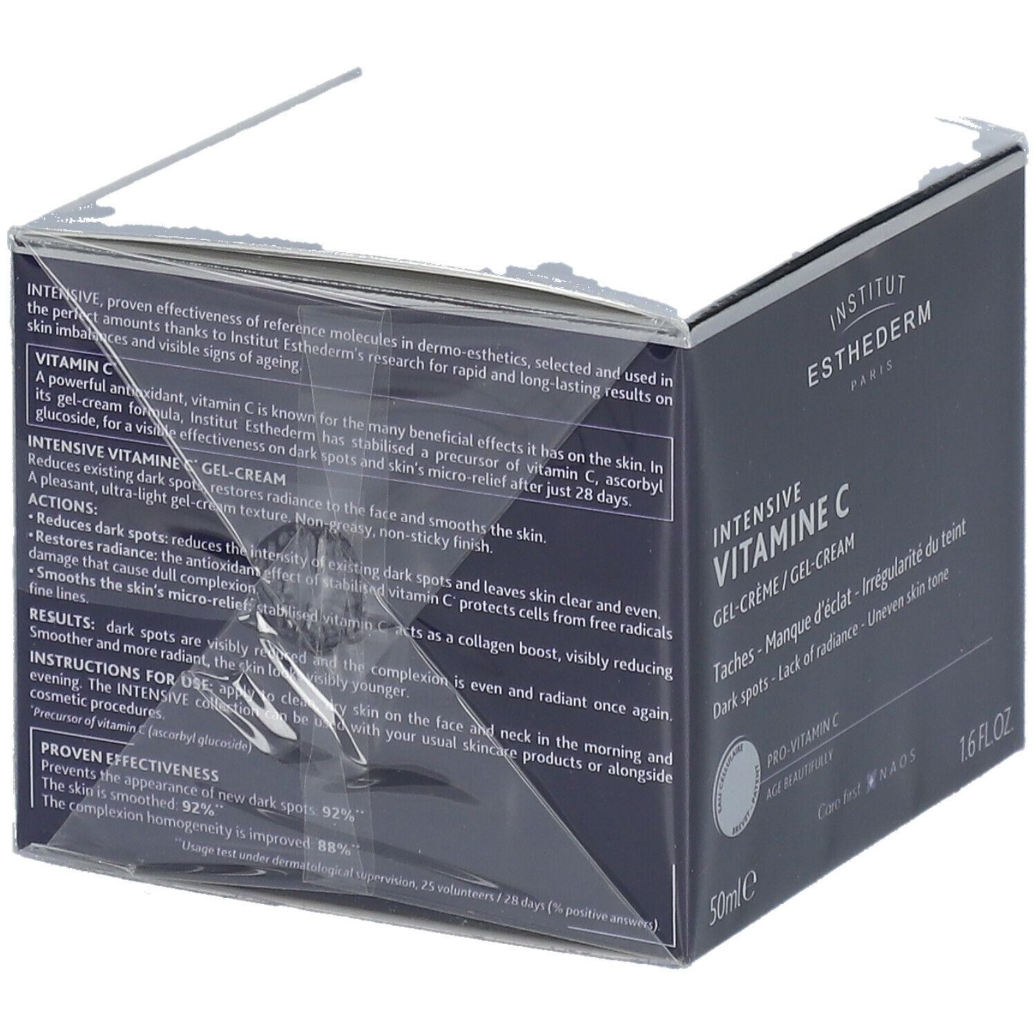 Dunkelblaue Schachtel mit Text. INSTITUT ESTHEDERM, INTENSIVE VITAMINE C GEL-CREME. In Folie verpackt. 50ml, 1.6 FL.OZ.