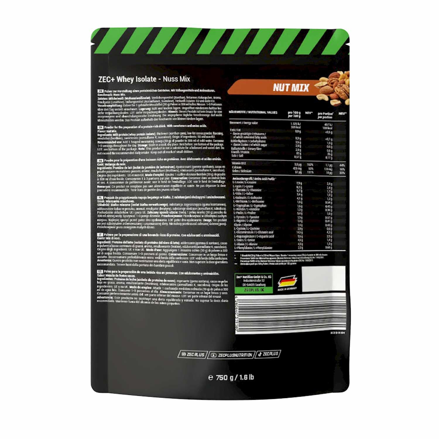 Rückseite der ZEC+ Whey Isolate Nuss Mix Verpackung. Schwarzer Hintergrund, Text und Nährwertangaben. Mit deutschem Qualitätssiegel.