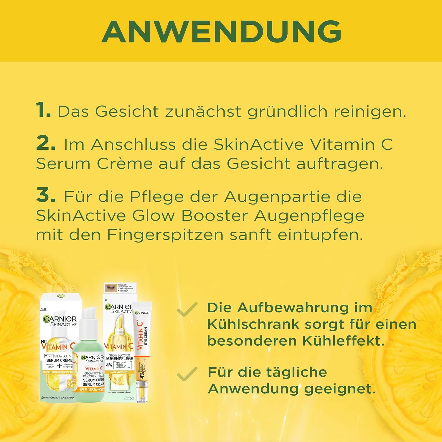 Gelber Hintergrund mit Text: ANWENDUNG. Anweisungen zur Reinigung des Gesichts und Anwendung von Serum Crème und Augenpflege.