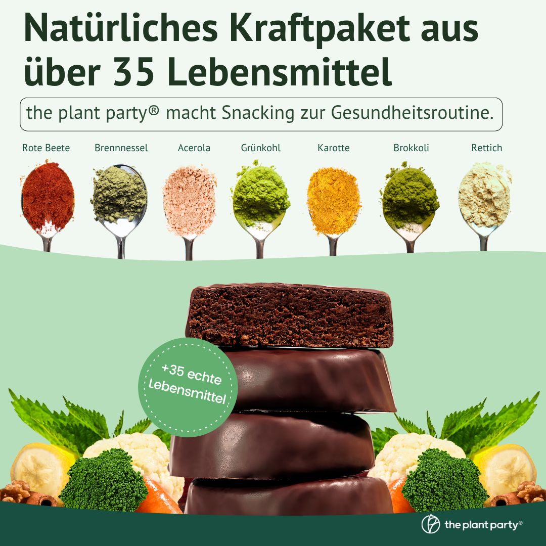 Grafik mit Löffeln gefüllt mit Gemüse- und Fruchtpulvern. Darunter Schokoriegel. Text: Natürliches Kraftpaket aus über 35 Lebensmitteln.