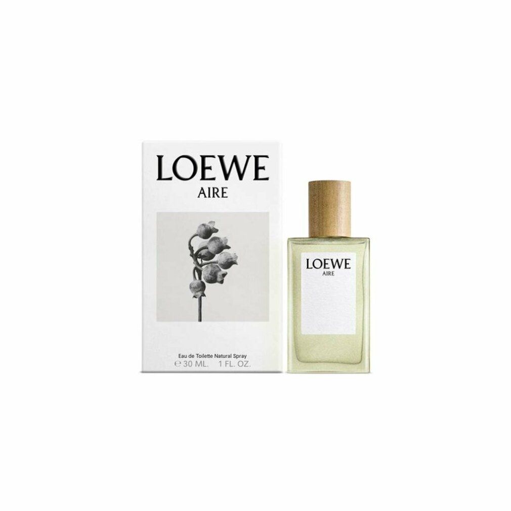 Glasflakon mit Holzverschluss und Verpackung. Aufschrift LOEWE AIRE. Verpackung mit floralem Motiv und Produktinformationen.