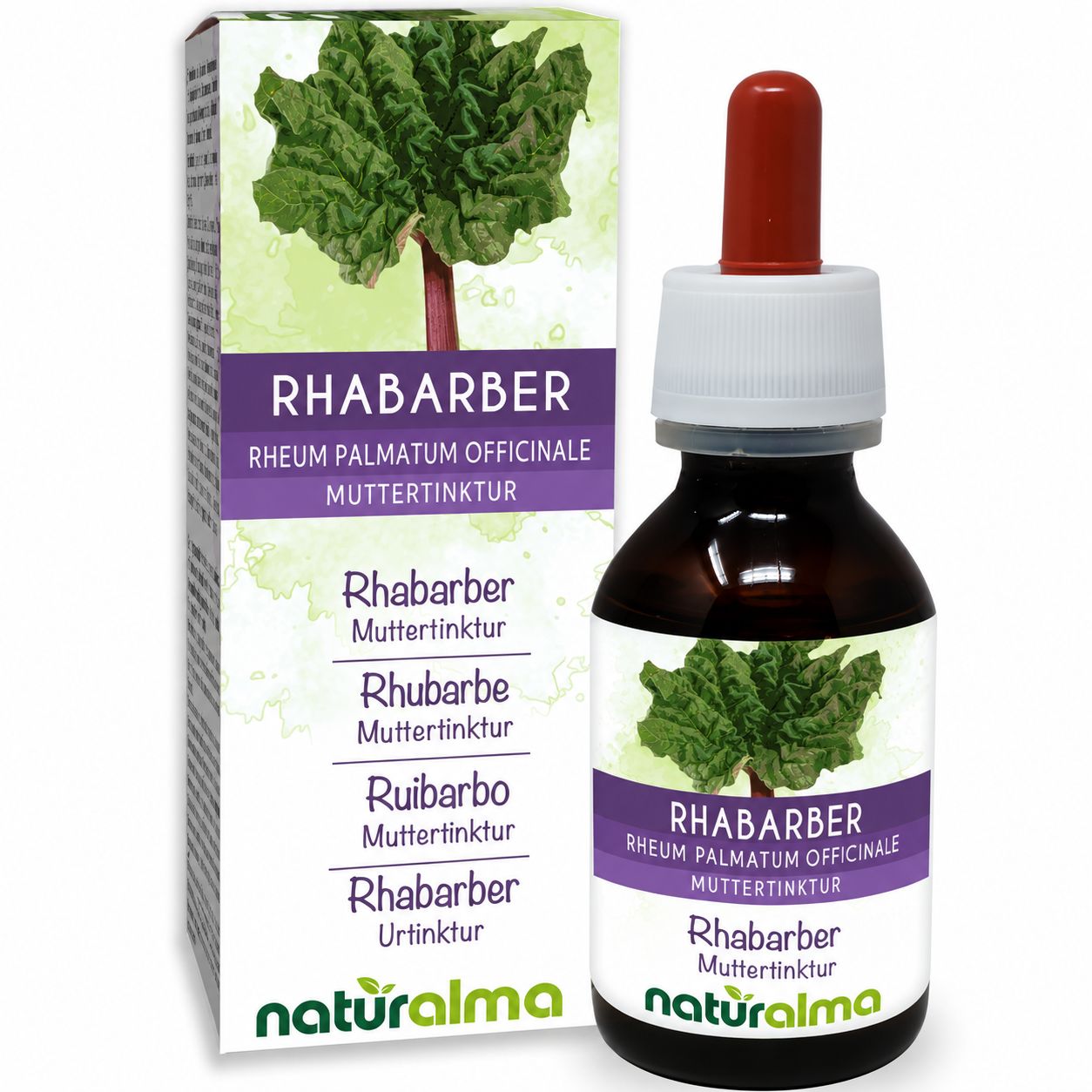 Rhabarber Muttertinktur von naturalma in Braunglasflasche mit Pipette und Faltschachtel.