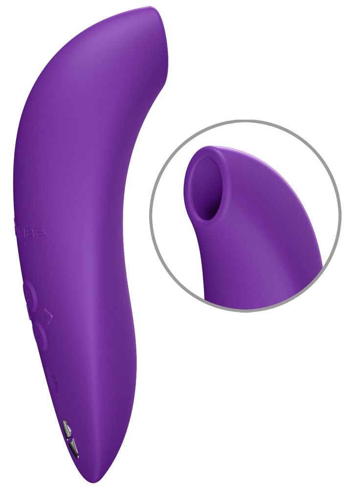 Lila Gerät mit abgerundeter Form und Öffnung. Detailansicht der Spitze. Knöpfe und Logo auf der Oberfläche.