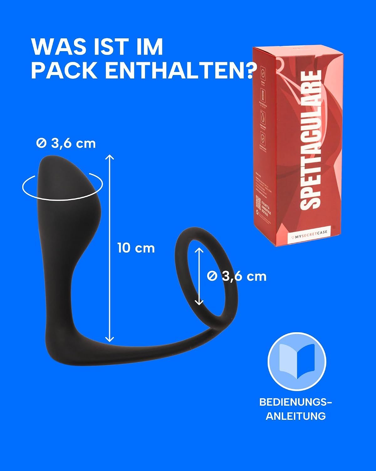 Schwarzer Silikon-Stimulator, 10 cm lang, mit einem Ring von 3,6 cm Durchmesser.