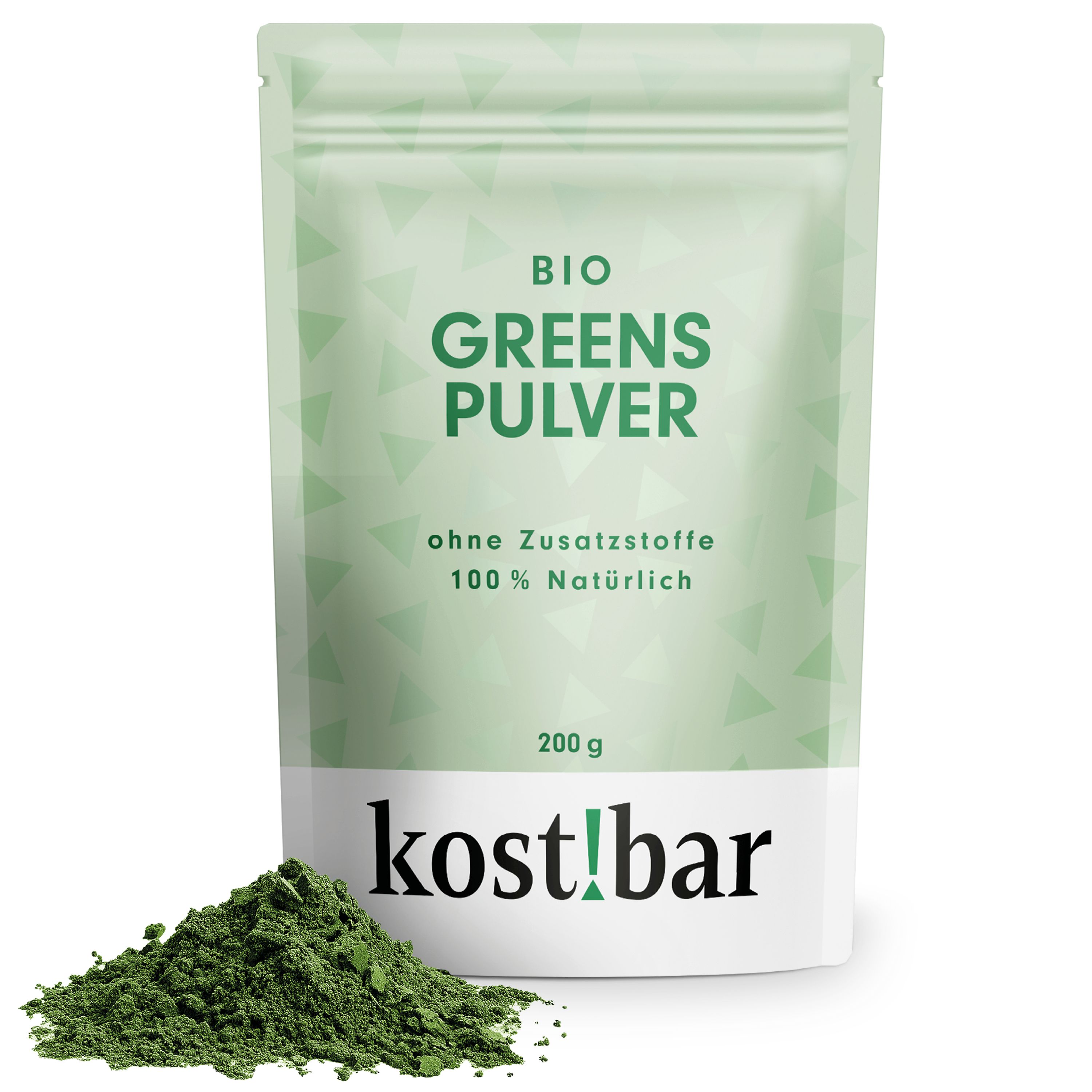 Grünes Pulver neben einer Packung. Aufschrift: BIO GREENS PULVER, ohne Zusatzstoffe, 100% Natürlich. Unten: kost!bar.
