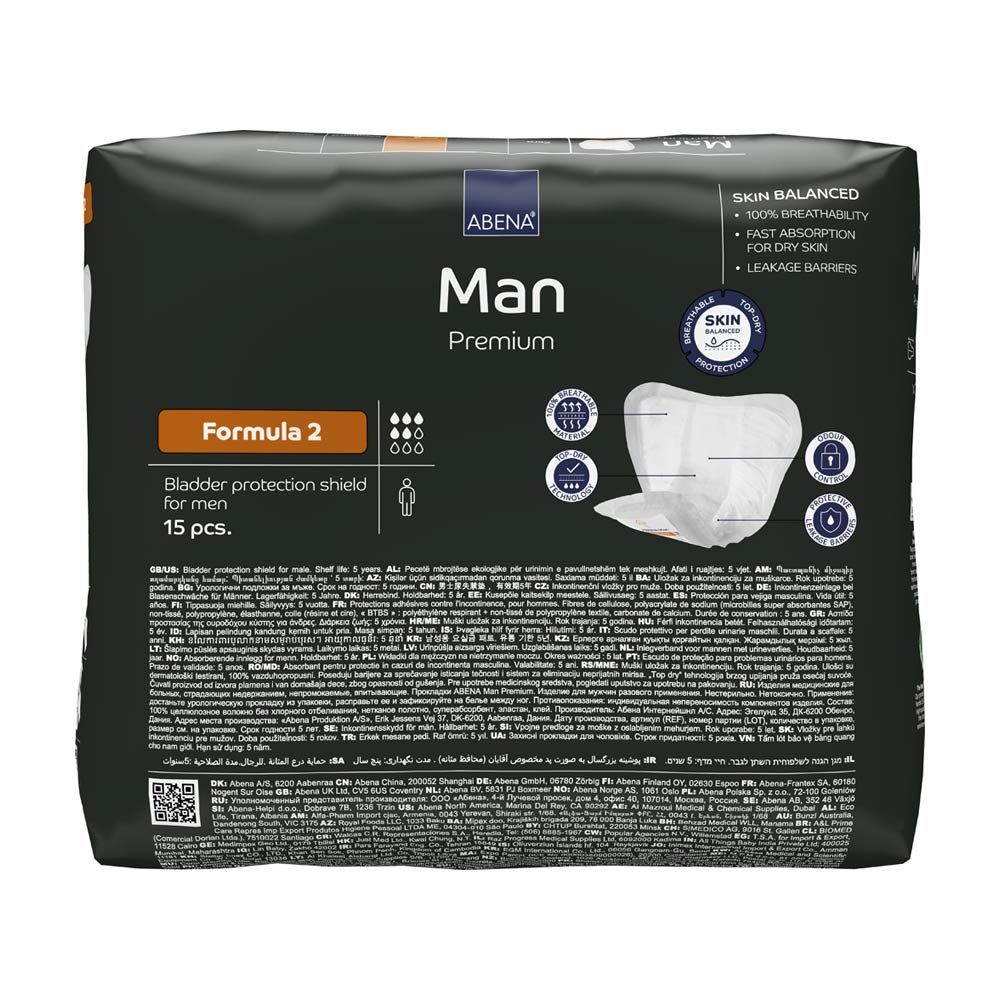 Abena Man Premium Formula 2. Verpackung mit 15 Stück. Rückseite der Verpackung mit Produktinformationen und Text.