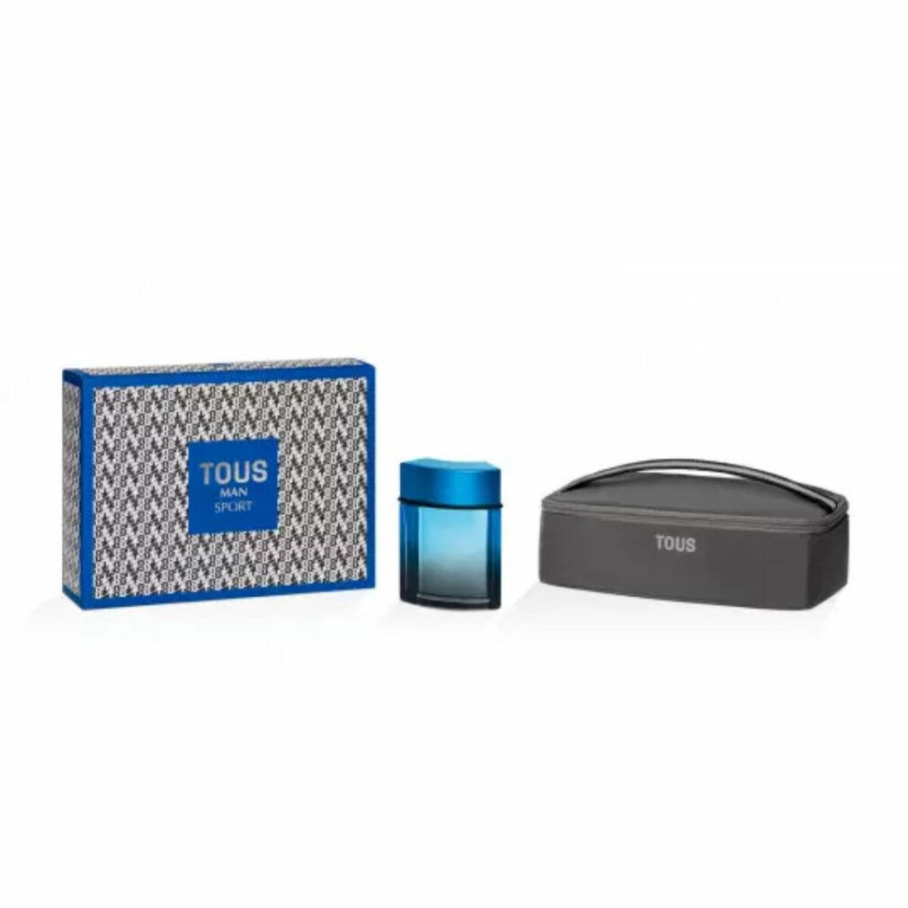 Geschenkset mit Flakon, Etui und Box. Box mit blau-weißem Muster, Flakon blau, Etui grau. Tous Man Sport.