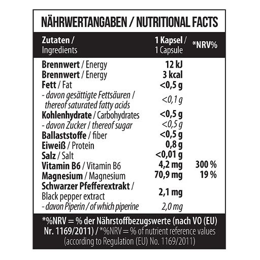 Nährwertangaben pro Kapsel. Enthält: Energie, Fett, Kohlenhydrate, Eiweiß, Salz, Vitamin B6, Magnesium, Schwarzer Pfefferextrakt.
