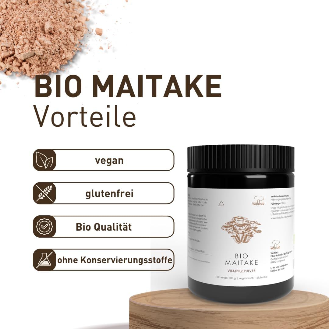 BIO Maitake Vorteile: vegan, glutenfrei, Bio Qualität, ohne Konservierungsstoffe. Dose mit Pulver.