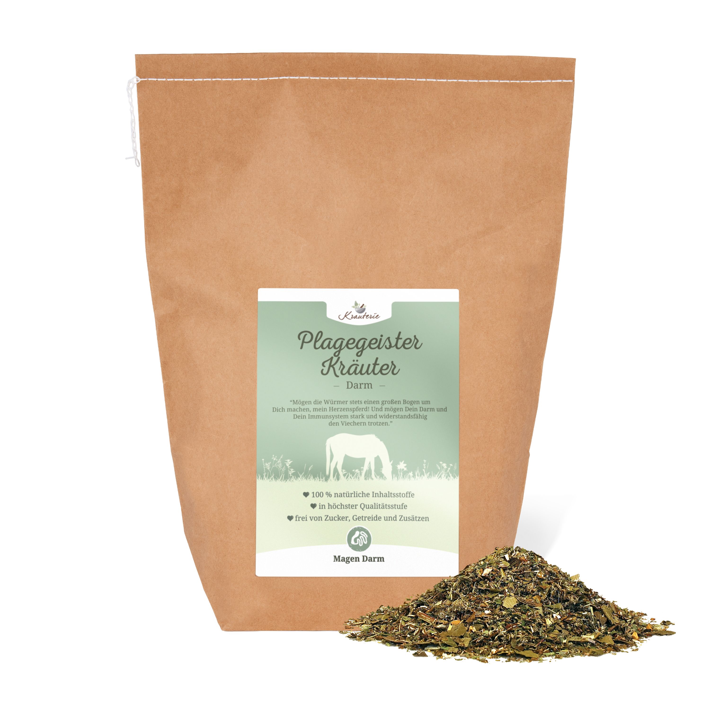 Braune Papiertüte mit Etikett. Kräutermischung daneben. Text: Plagegeister Kräuter.