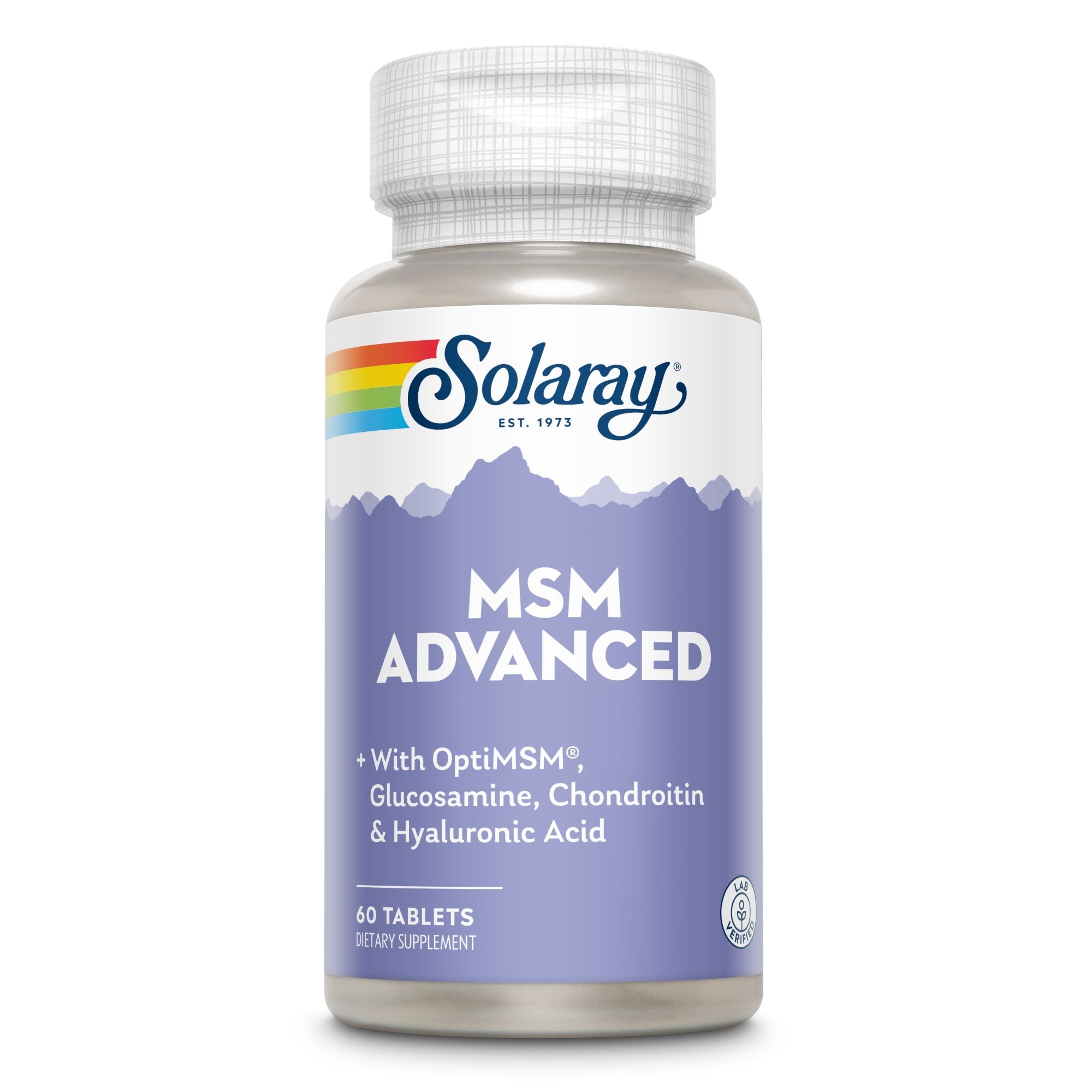 Solaray MSM Advanced Flasche. Enthält 60 Tabletten. Aufschrift: MSM Advanced, mit OptiMSM, Glucosamin, Chondroitin & Hyaluronsäure. Diätetisches Ergänzungsmittel.
