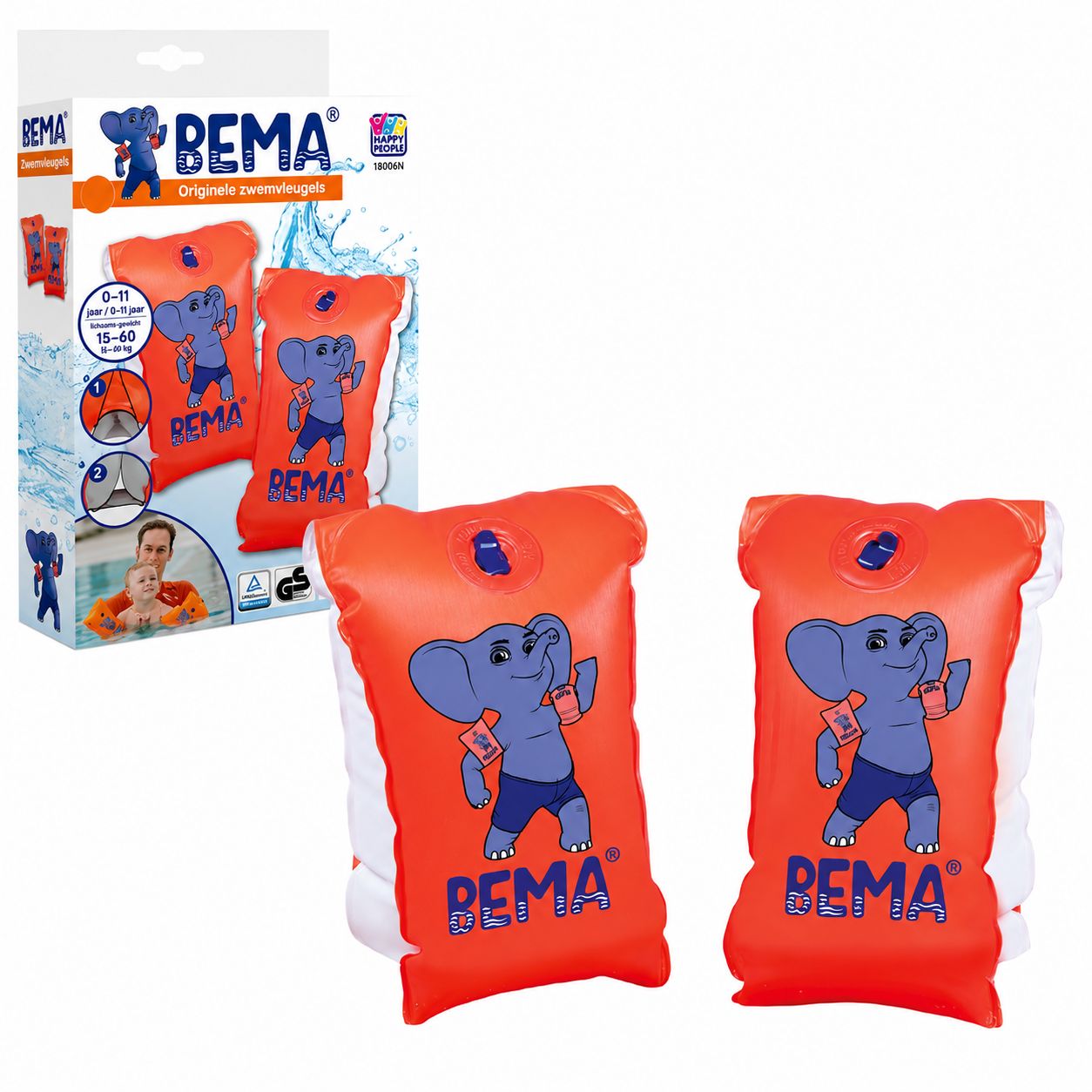 Zwei orange Schwimmflügel mit Elefantenmotiv und BEMA-Logo. Verpackung mit Produktinformationen und Sicherheitssiegeln.