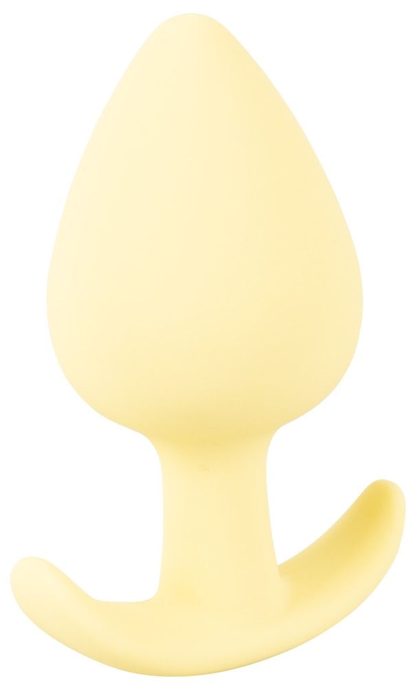 Gelber Analplug mit tropfenförmigem Kopf und gebogener Basis. Aus weichem Material.