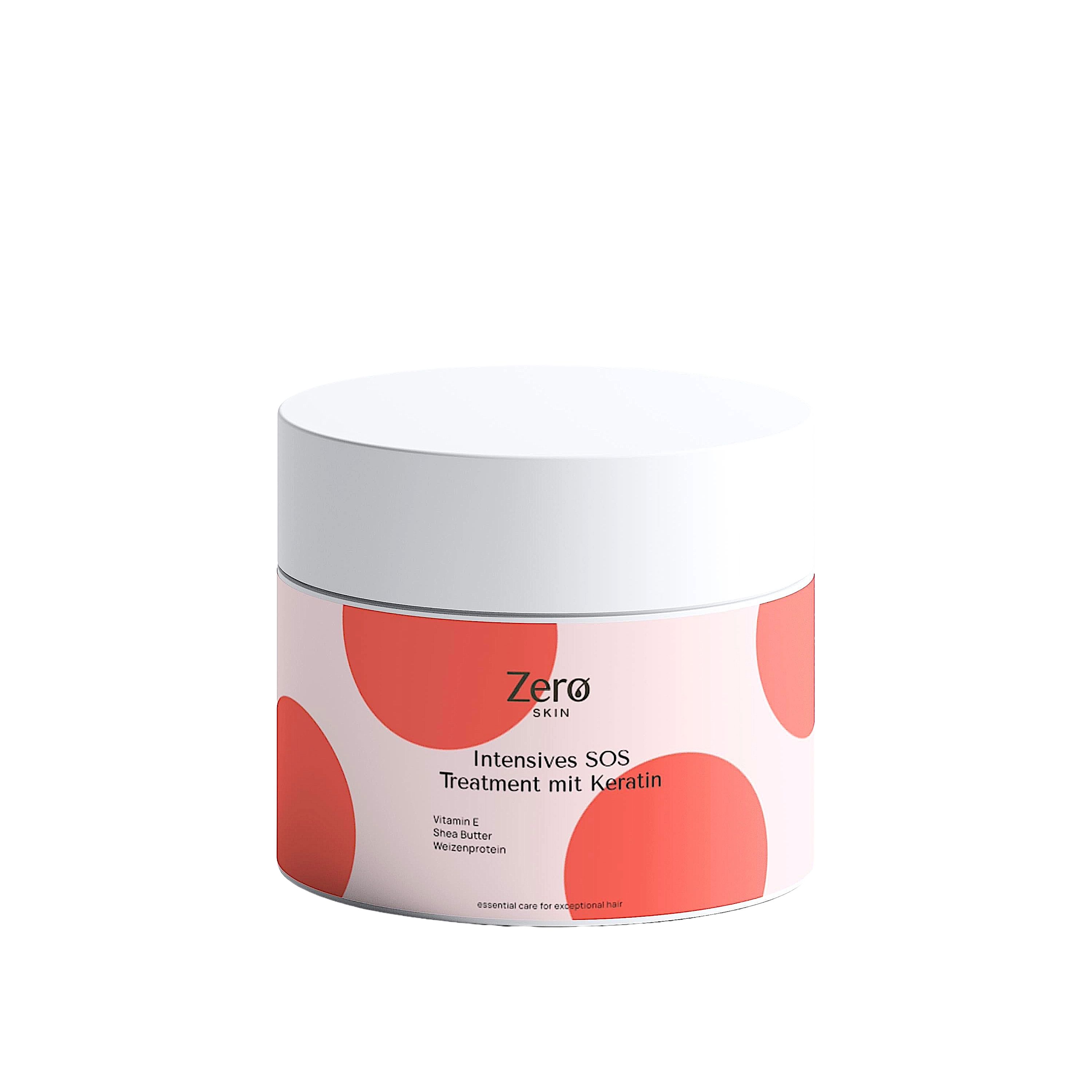 Zero Skin Intensives SOS Treatment mit Keratin in einem runden Behälter mit rosa Kreisen.