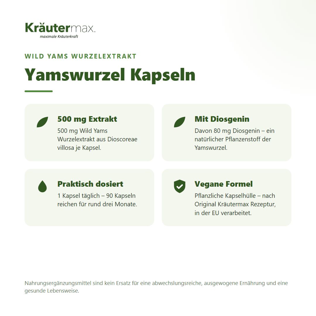Kräutermax Yamswurzel Kapseln: 500mg Extrakt, mit Diosgenin, vegane Formel, 90 Kapseln.