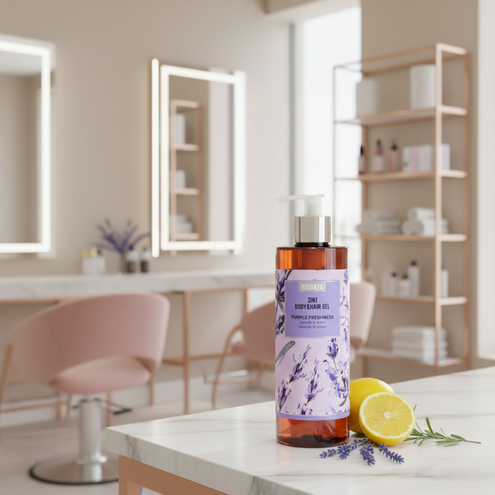 Braune Flasche mit Pumpe. Etikett mit Produktnamen und Lavendel-Design. Daneben Zitronen und Lavendelzweige auf einer weißen Oberfläche.