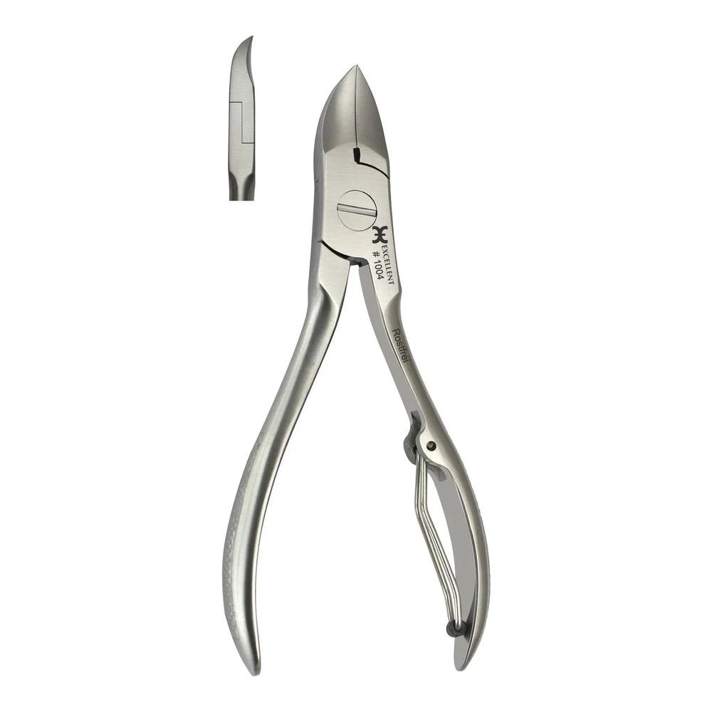 Nagelzange aus Metall. Mit gebogener Schneide und Griffen. Zusätzliche Ansicht der Schneide. Marke: HOSENFELD.