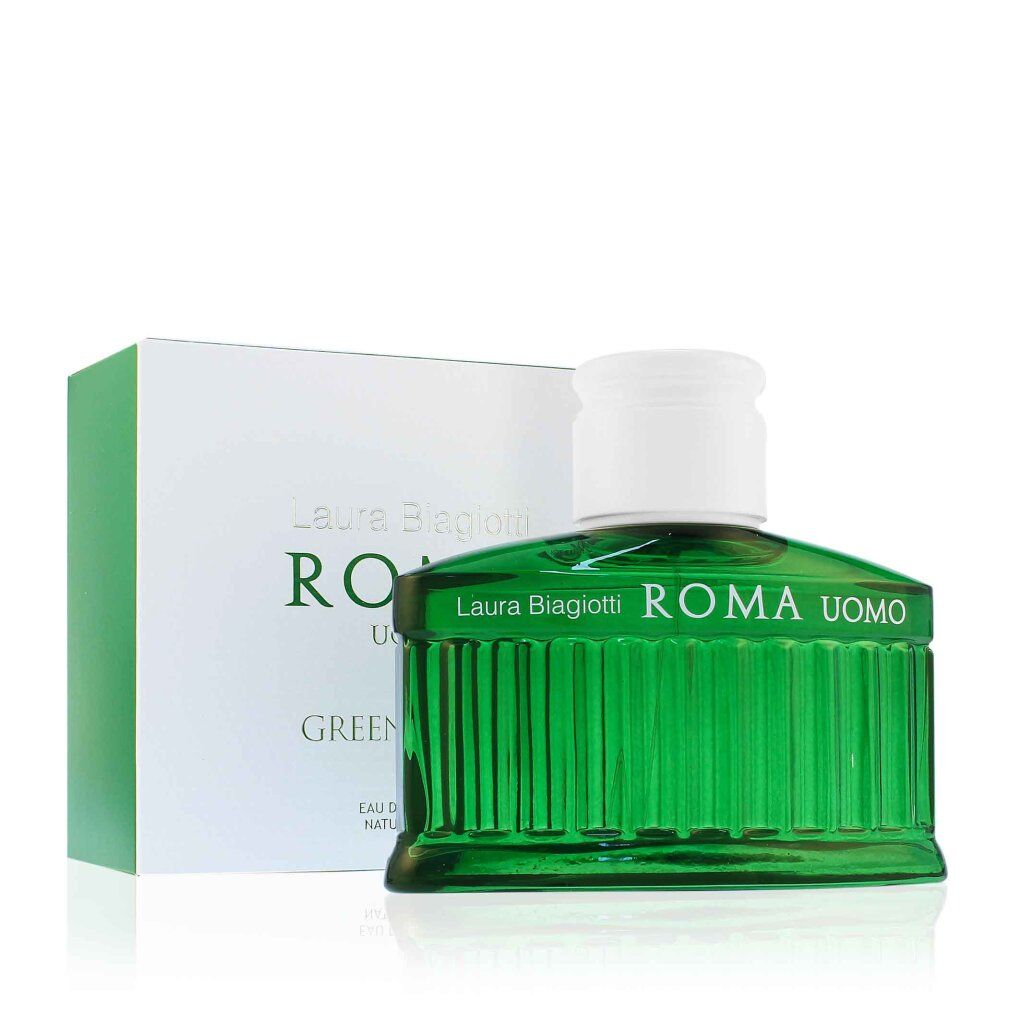 Grüne Glasflasche und Verpackung. Aufschrift: ROMA UOMO, Green Swing. Marke: Laura Biagiotti.