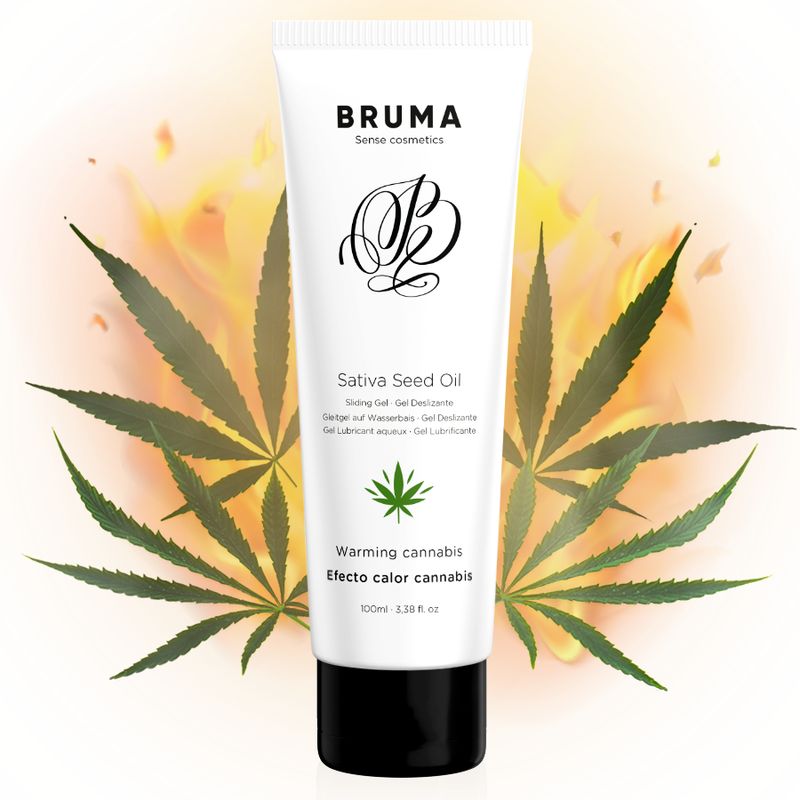 Weiße Tube, schwarzer Deckel. Aufschrift: Bruma, Sativa Seed Oil, Warming cannabis. Cannabis-Blatt-Symbol. Hintergrund: Flammen und Cannabisblätter.