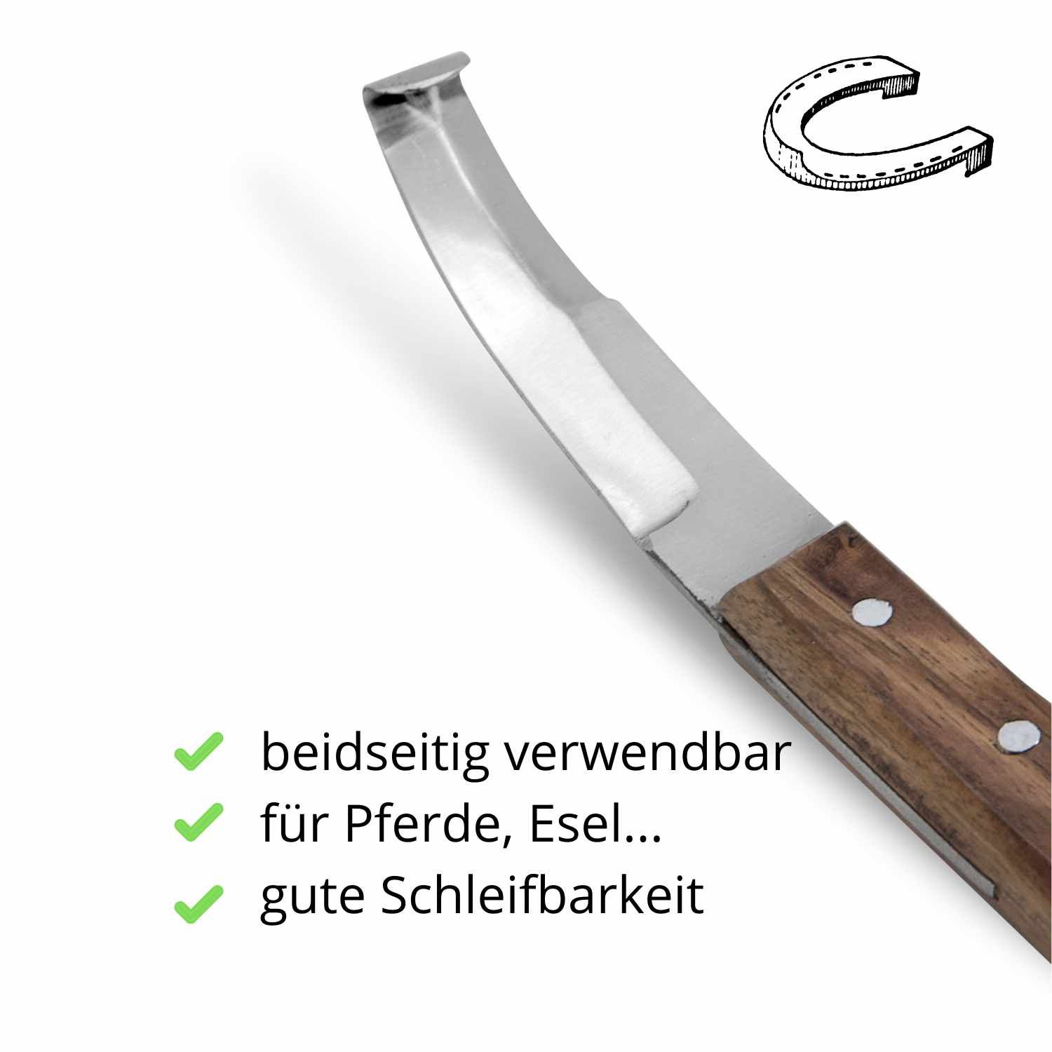 Hufmesser mit Holzgriff und Metallklinge. Text: beidseitig verwendbar, für Pferde, gute Schleifbarkeit.