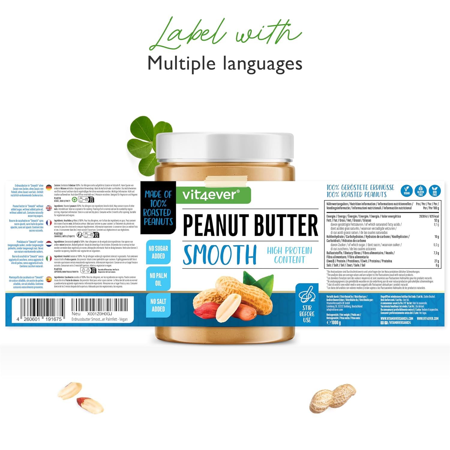 Vit4ever Erdnussbutter: Glas und Etiketten mit mehrsprachigen Informationen.