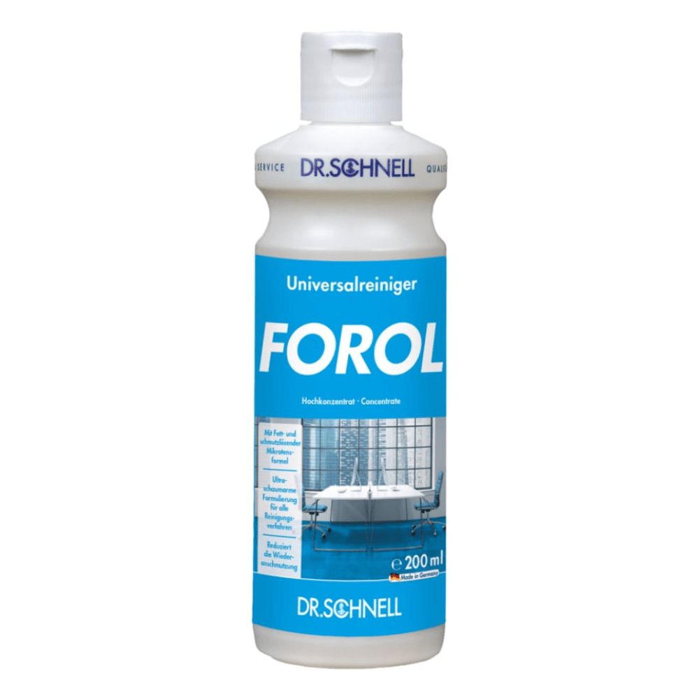 Weiße Flasche mit blauem Etikett. Aufschrift FOROL, Universellreiniger. Marke Dr. Schnell. 200 ml.