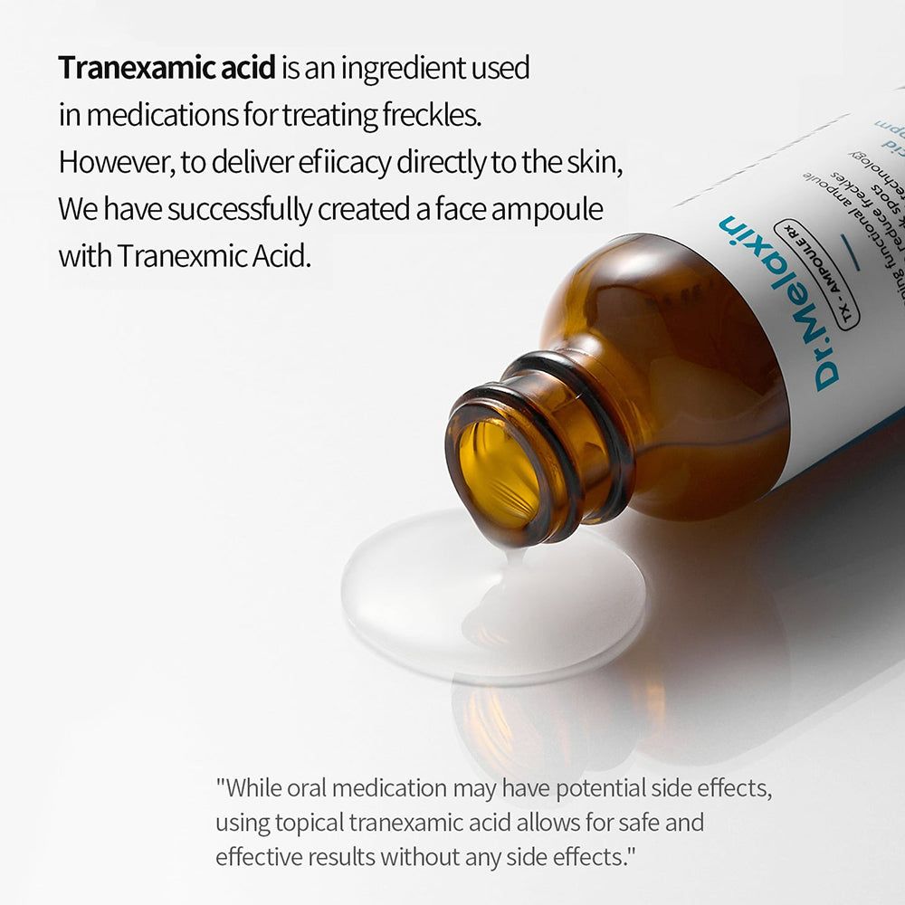 Braune Glasflasche, Tropfer mit Flüssigkeit. Aufschrift: Dr. Melaxin TX-Serum. Flüssigkeit auf weißer Oberfläche.