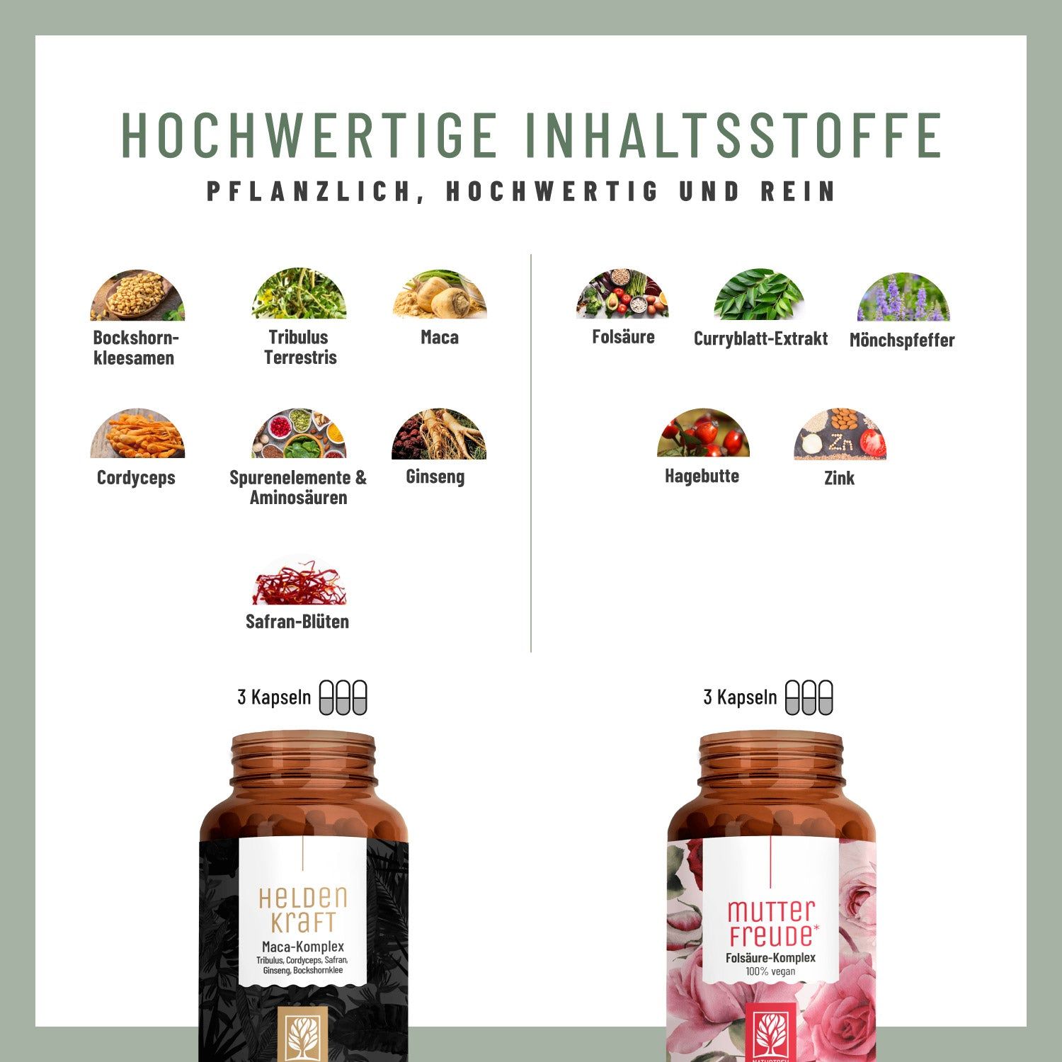 Infografik mit Zutaten wie Bockshornklee, Maca, Folsäure. Zwei Flaschen: Helden Kraft und Mutter Freude. Text: Hochwertige Inhaltsstoffe.