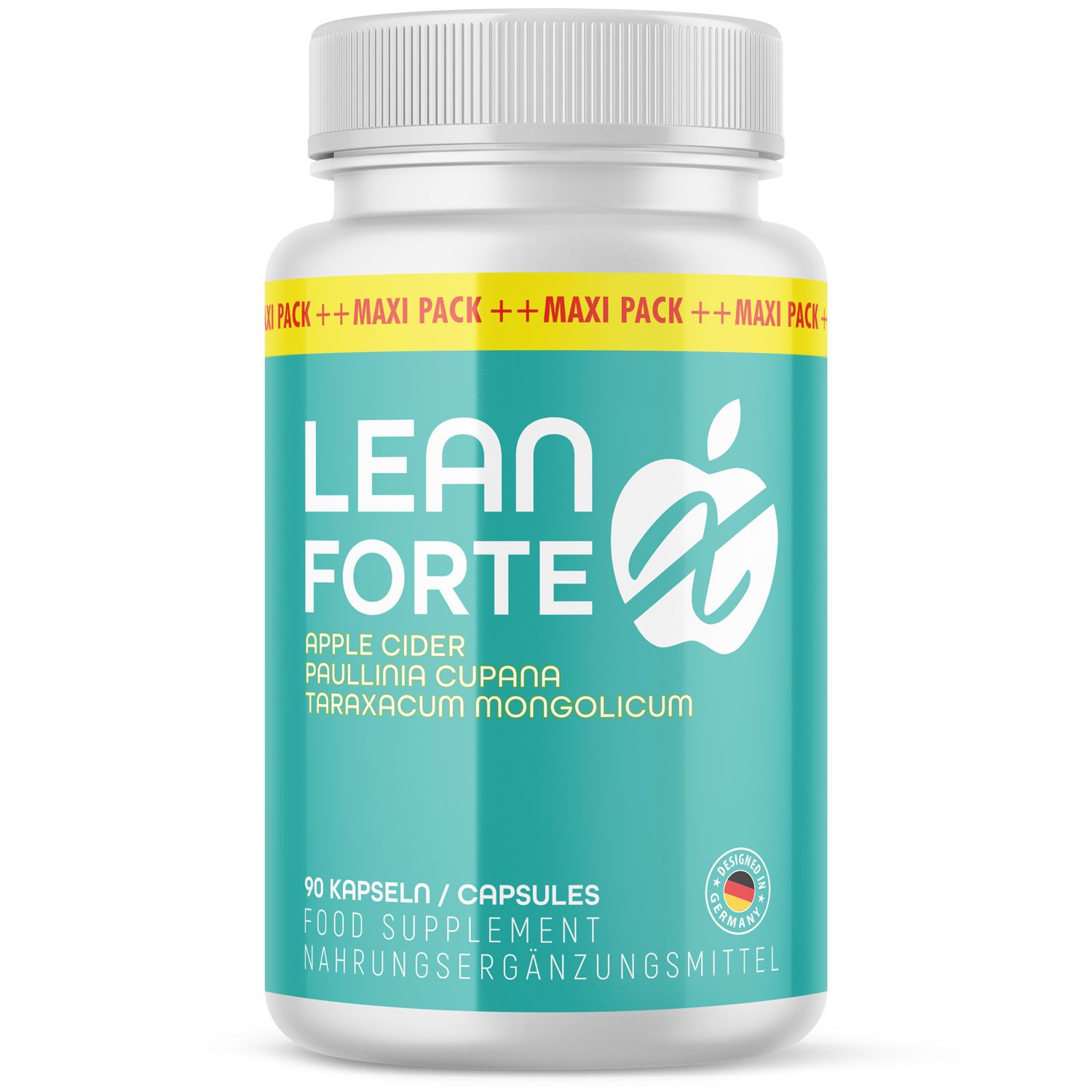 Weiße Flasche mit blauer Etikett. Aufschrift: LEAN FORTE, Apfel-Logo, 90 Kapseln. Hergestellt in Deutschland.