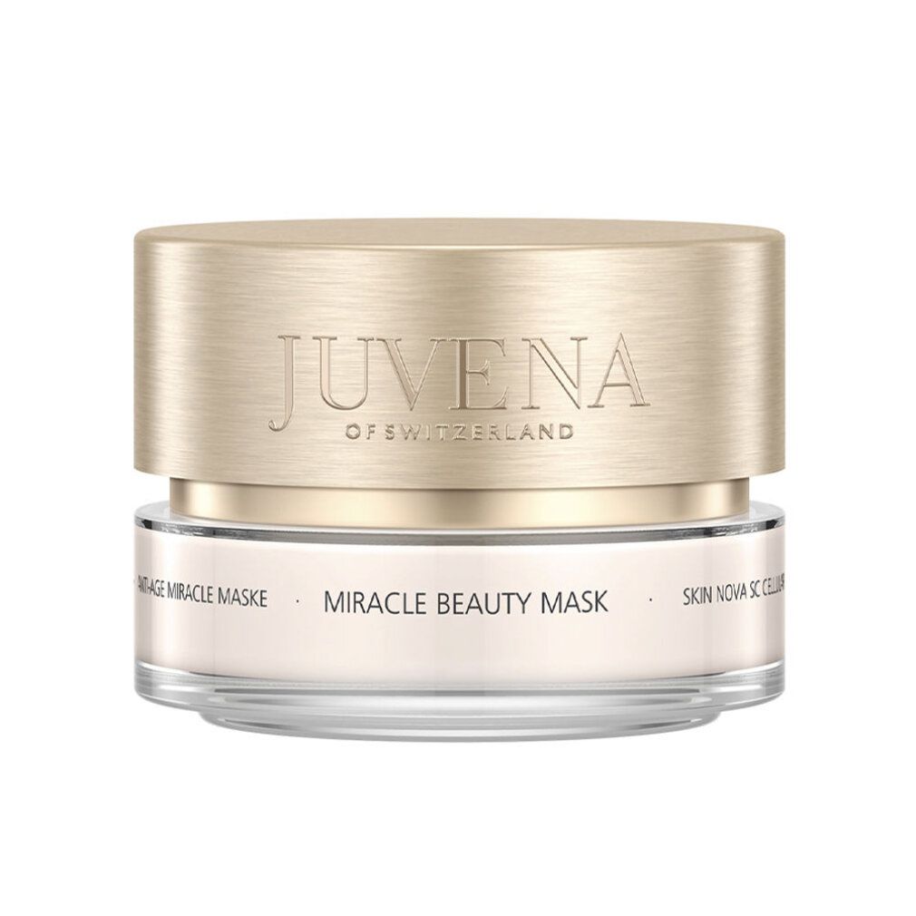 Behälter mit goldfarbenem Deckel. Aufschrift: Juvena of Switzerland. Produktname: Miracle Beauty Mask. Unterer Teil transparent.
