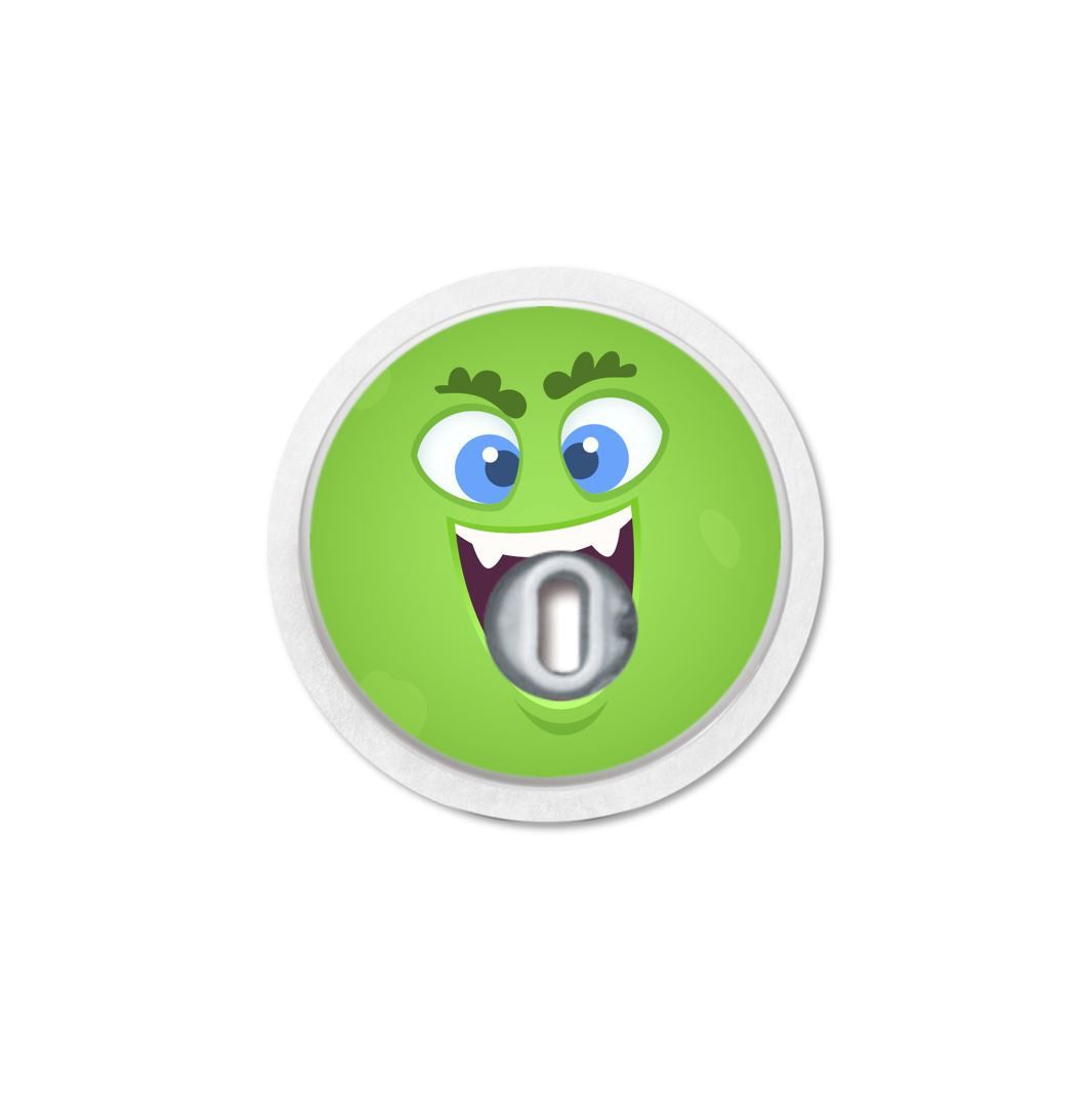 Runder, grüner Aufkleber mit Monstergesicht. In der Mitte eine Öffnung. Weißer Rand.