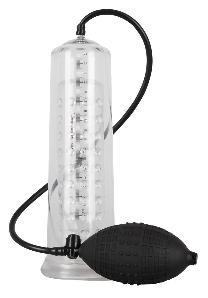 Transparenter Zylinder mit genoppter Innenhülle, schwarzem Schlauch und Pumpe. Skala in cm. Basis und Pumpe aus schwarzem Gummi.