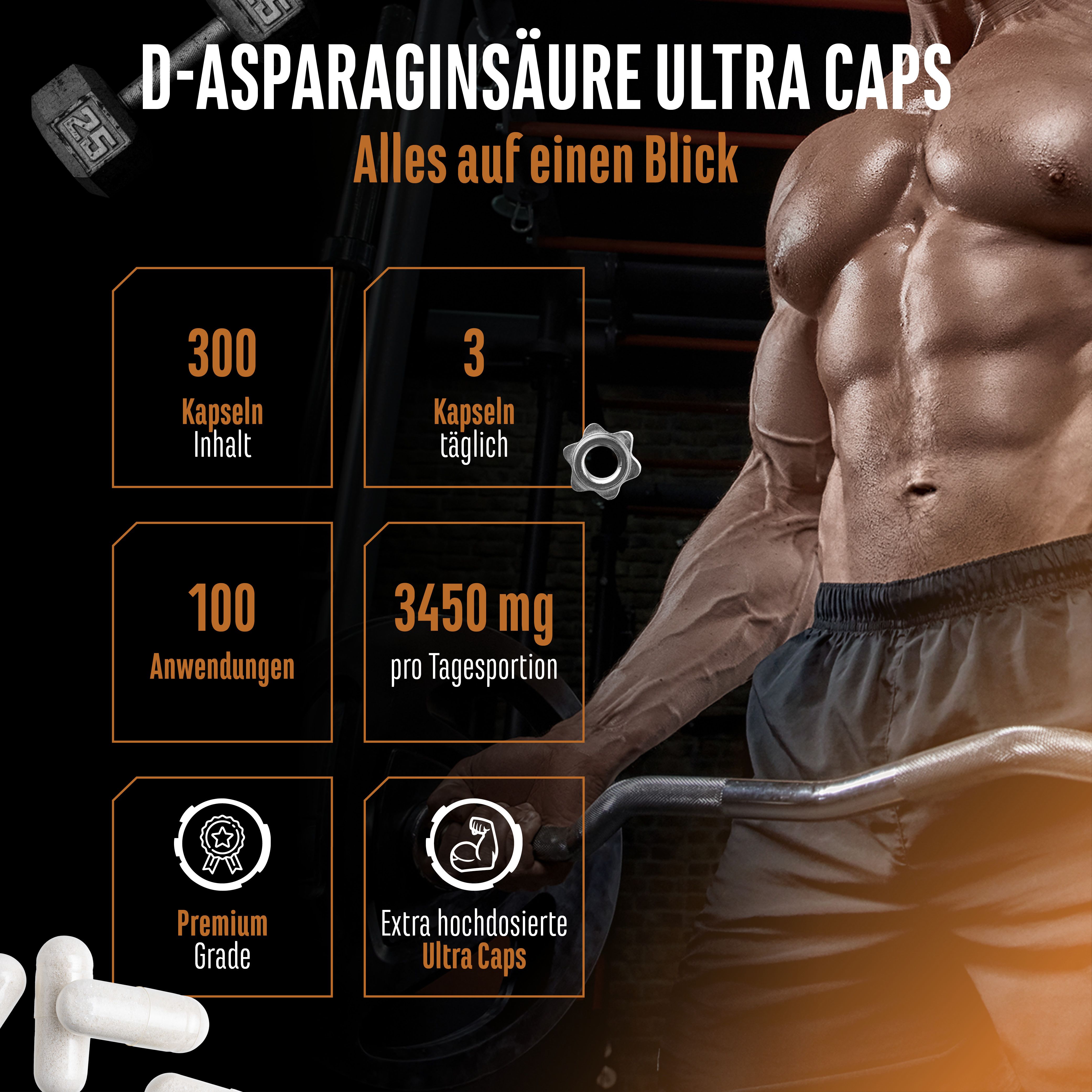 D-Asparaginsäure Ultra Caps. 300 Kapseln, 3 täglich, 100 Anwendungen, 3450 mg pro Tagesportion. Premium Grade. Extra hochdosierte Ultra Caps.