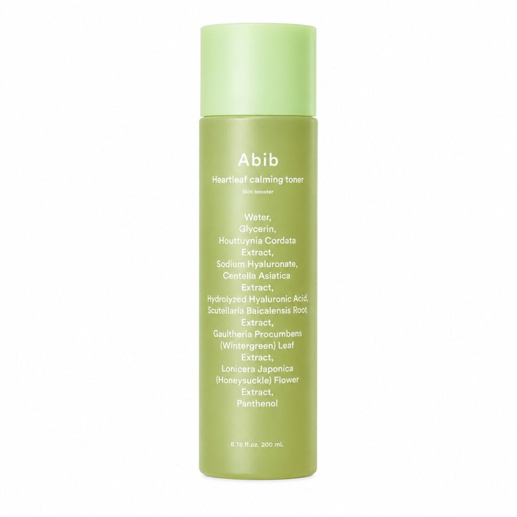 Abib Heartleaf Calming Toner: Hellgrüne Flasche mit weißem Aufdruck, der Inhaltsstoffe auflistet. 200 ml.
