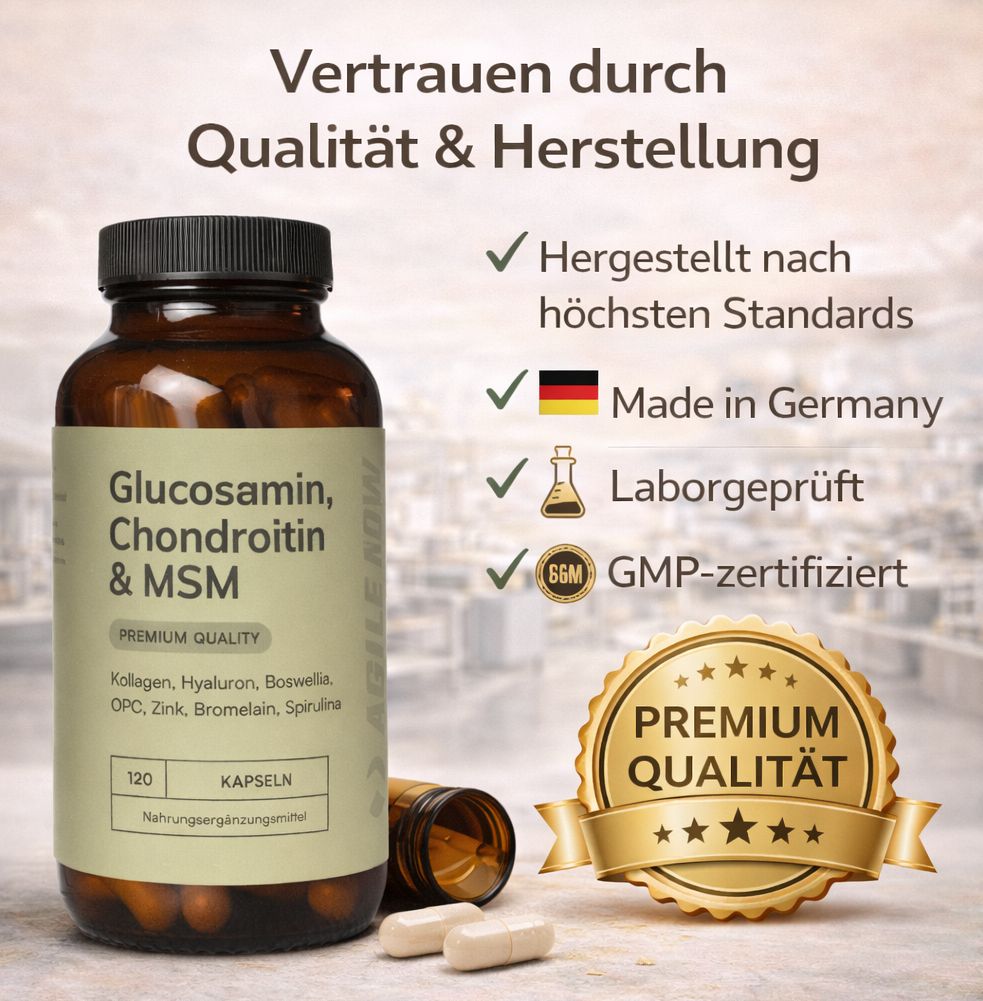 Braune Flasche mit Kapseln. Aufschrift: Glucosamin, Chondroitin & MSM. Premium Quality. Made in Germany. GMP-zertifiziert.
