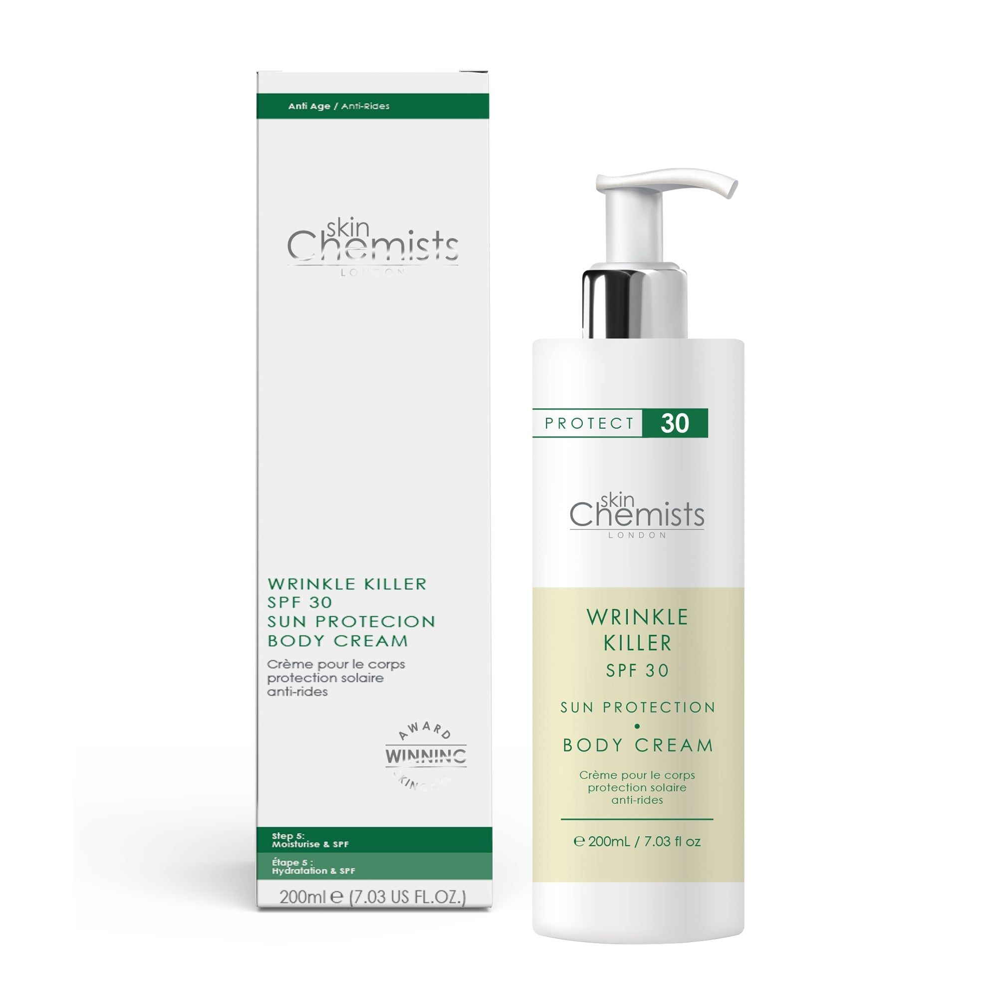 Produktflasche und Verpackung. Aufschrift: Skin Chemists, Wrinkle Killer, SPF 30, Sun Protection Body Cream. Mit Auszeichnung.