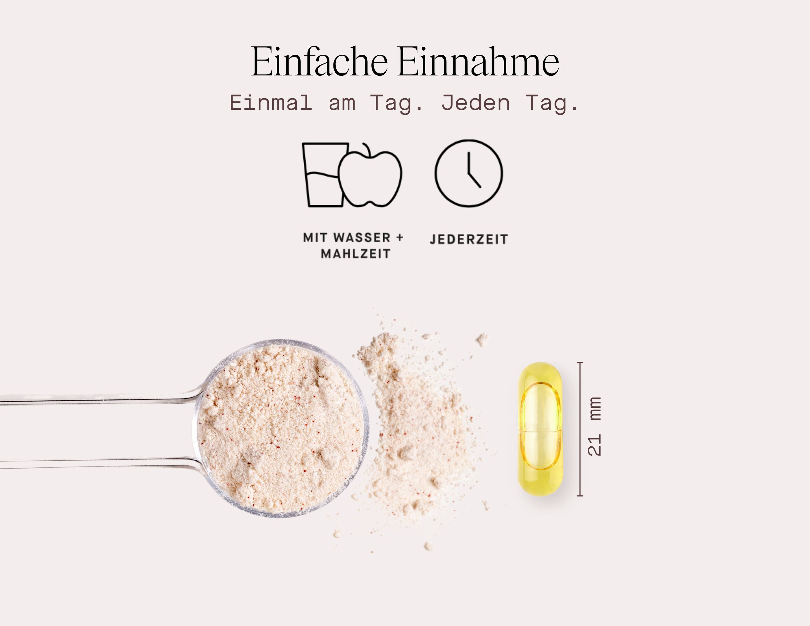 Grafik: Einfache Einnahme. Symbole für Wasser, Mahlzeit und Zeit. Pulver, Kapsel und Messlöffel. 21 mm.
