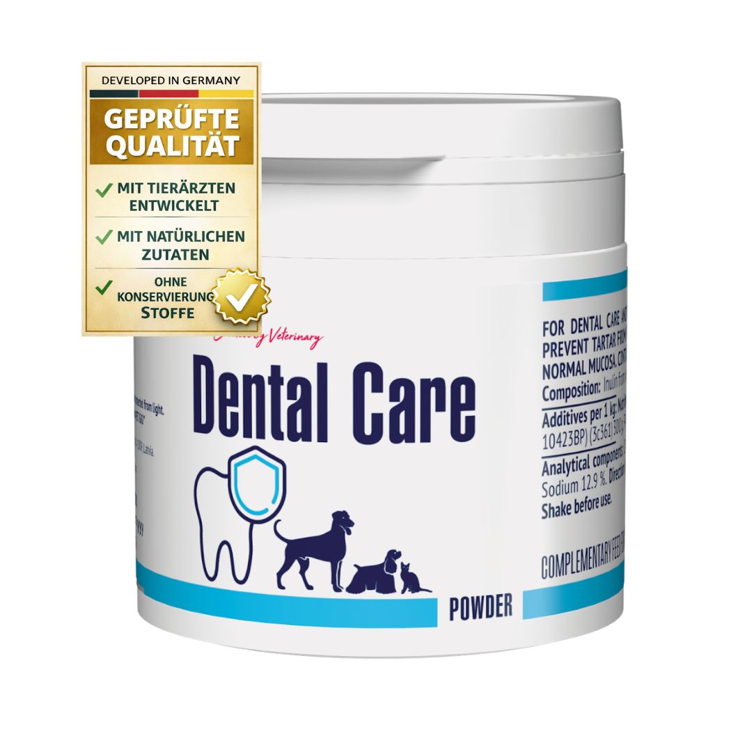 Weiße Dose GIGI VET Dental Care, Text: Geprüfte Qualität, mit tierärztlich entwickelt, ohne Konservierungsstoffe. GIGI Logo.