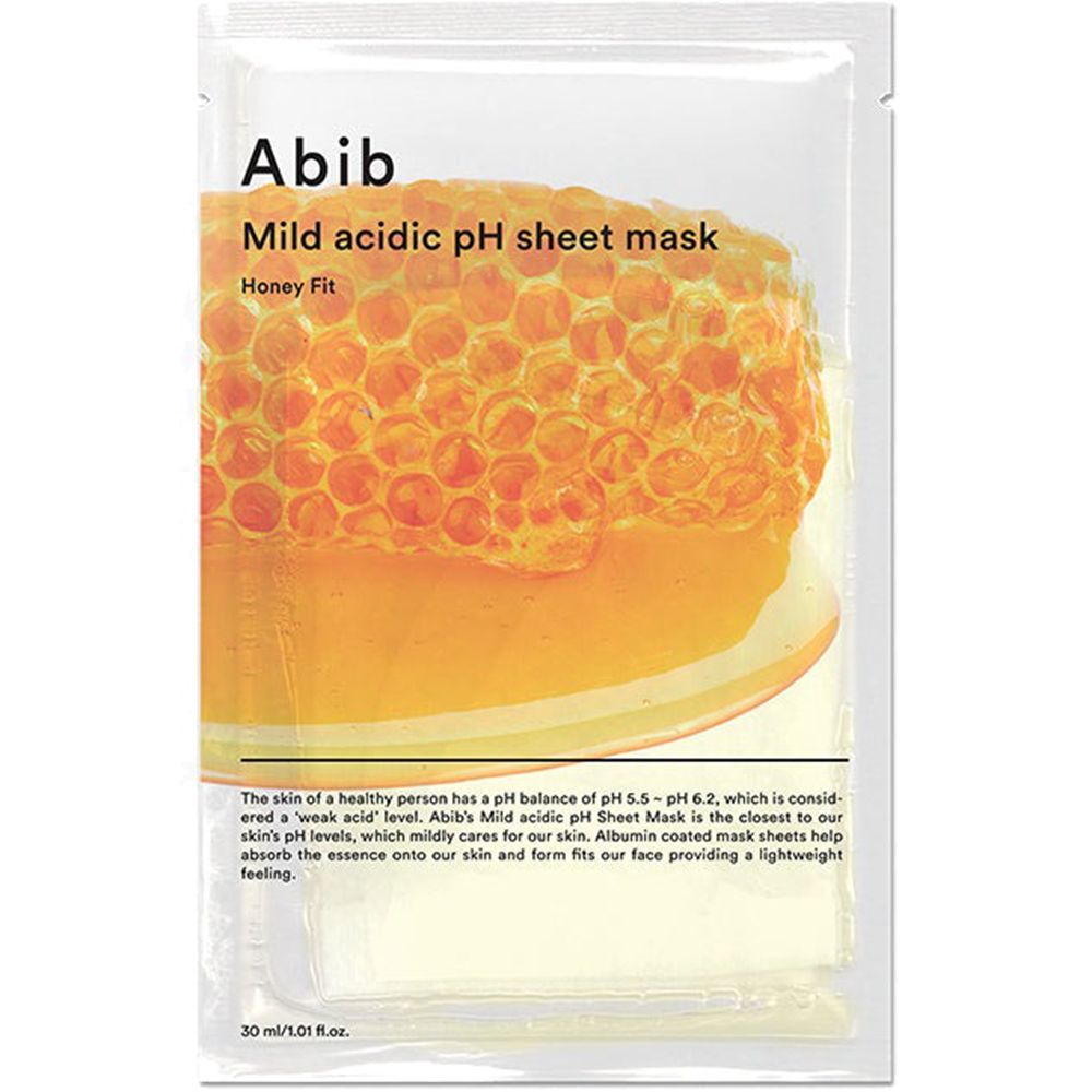 Verpackung mit Produktabbildung. Text: Abib, Mild acidic pH sheet mask, Honey Fit. Honigwaben-Illustration.