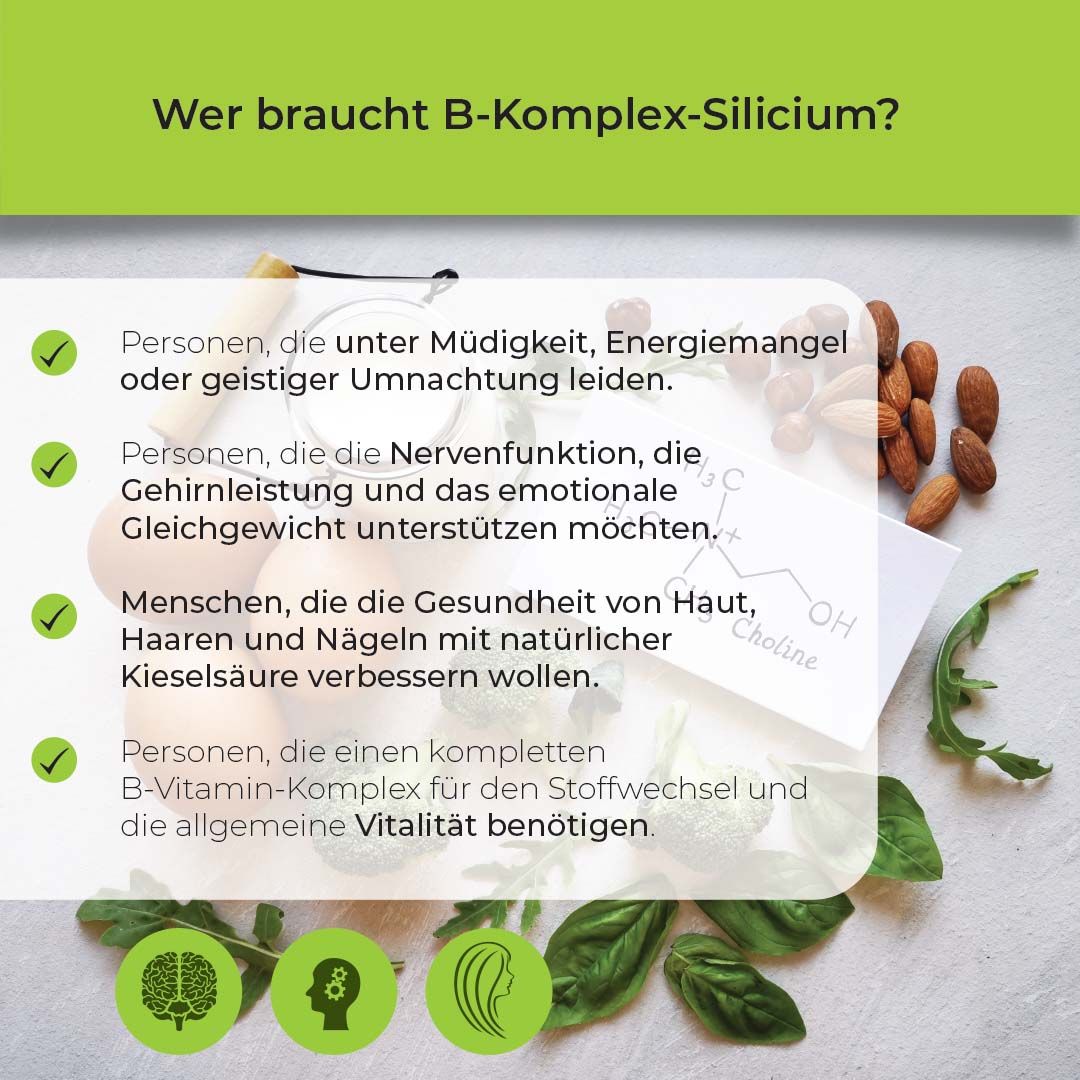 Biostile B-Complex + Silicium Flasche mit Liste der Zielgruppen und Symbolen.