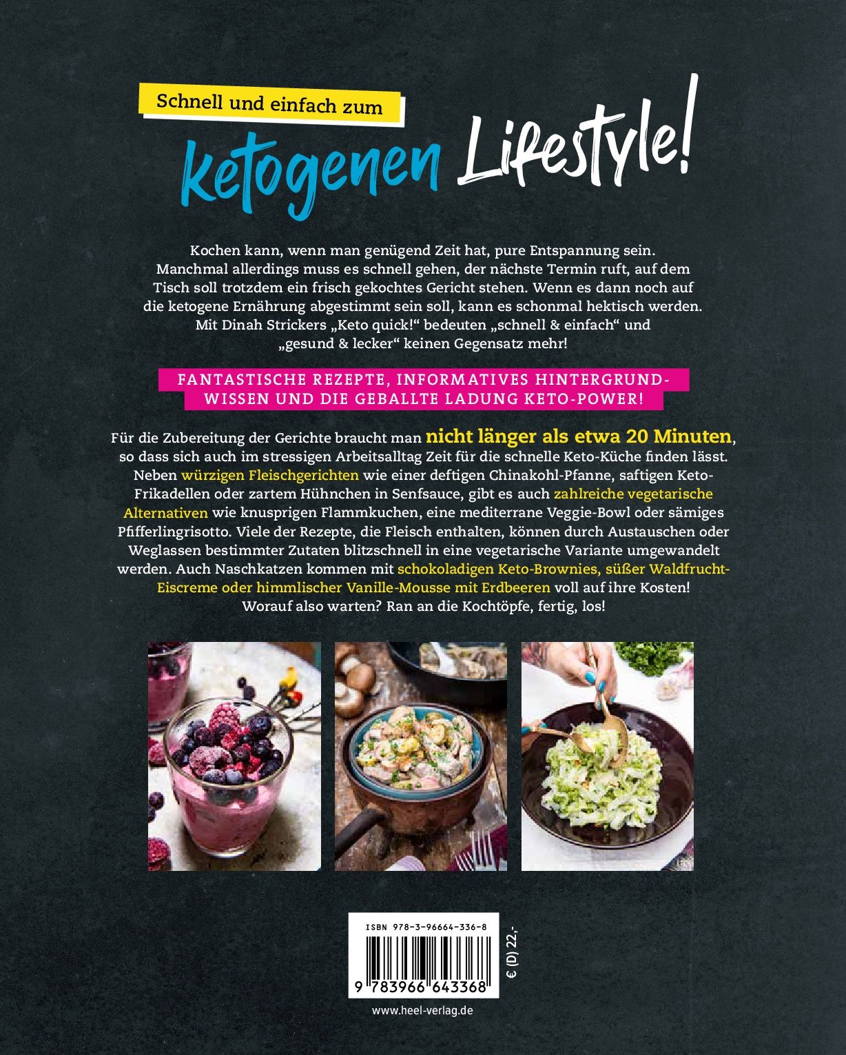 Rückseite des Buches "Keto Quick!". Text über ketogenen Lifestyle und Rezepte. Fotos von Gerichten.