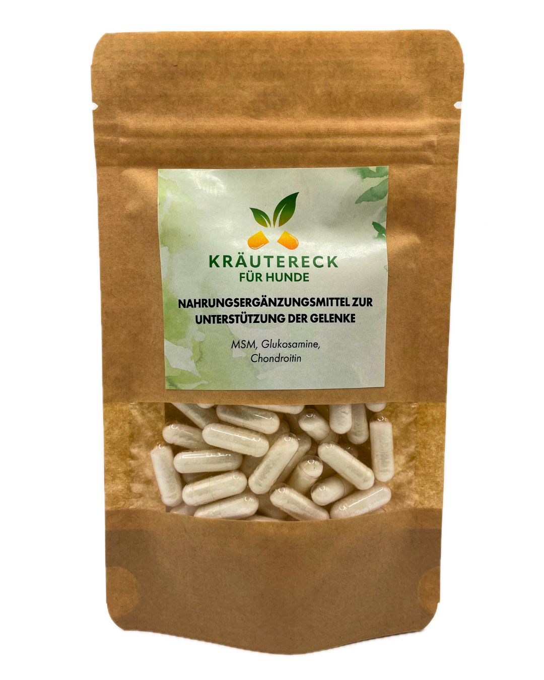 Beutel mit Kapseln. Sichtbares Etikett mit "Kräutereck für Hunde" und "Nahrungsergänzungsmittel".