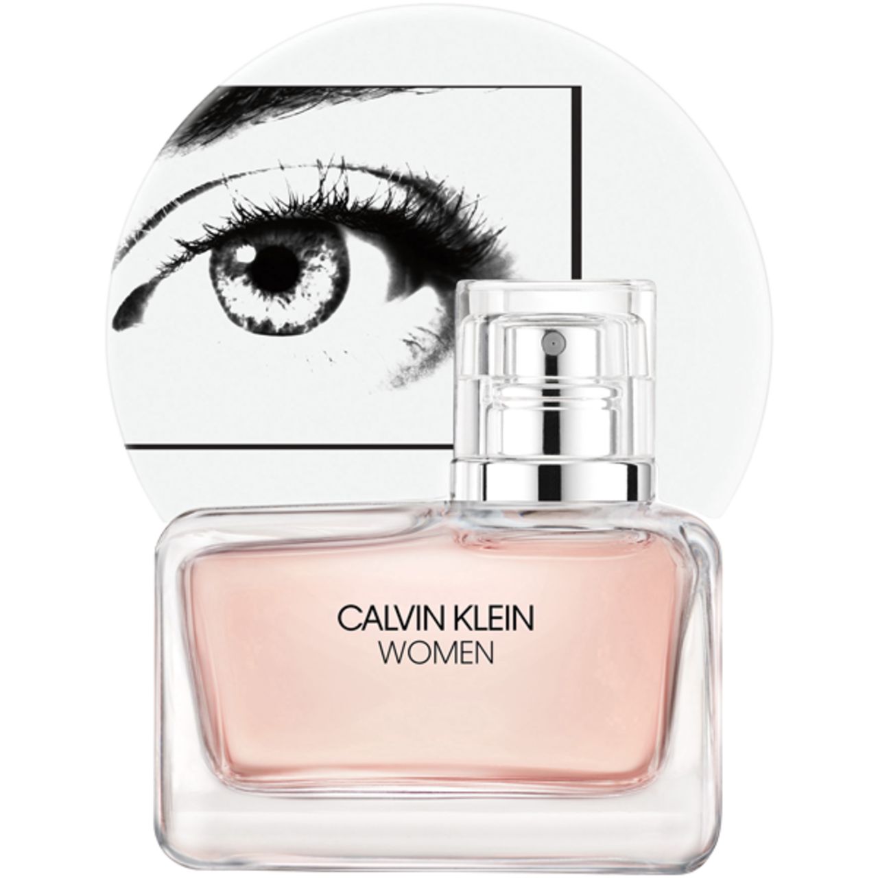 Flakon Calvin Klein Women. Rechteckig, rosa Flüssigkeit. Silberner Zerstäuber. Weißer Hintergrund mit Augendesign.