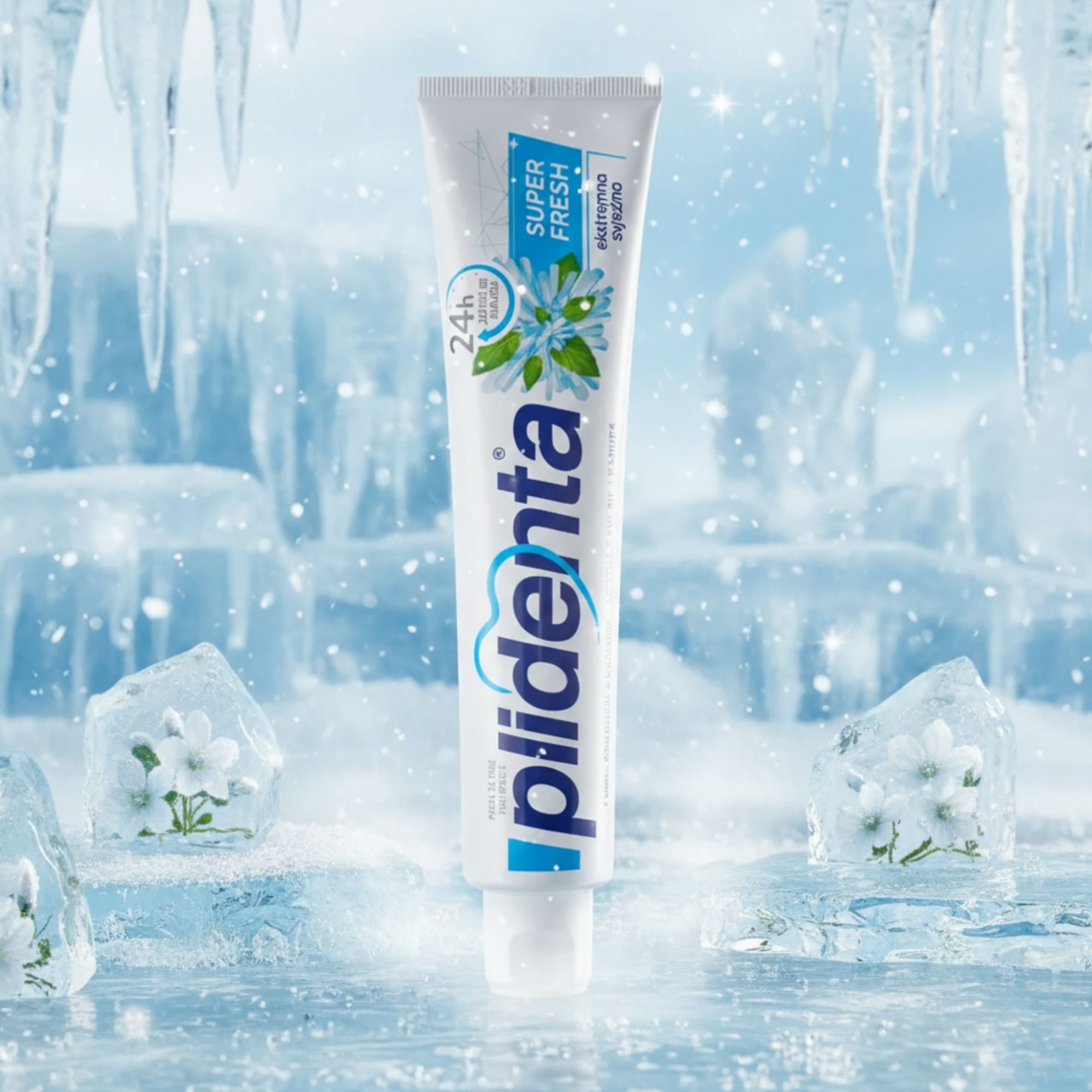 Zahncreme-Tube Plidenta Super Fresh vor eisigem Hintergrund. Aufschrift: 24h, Super Fresh.