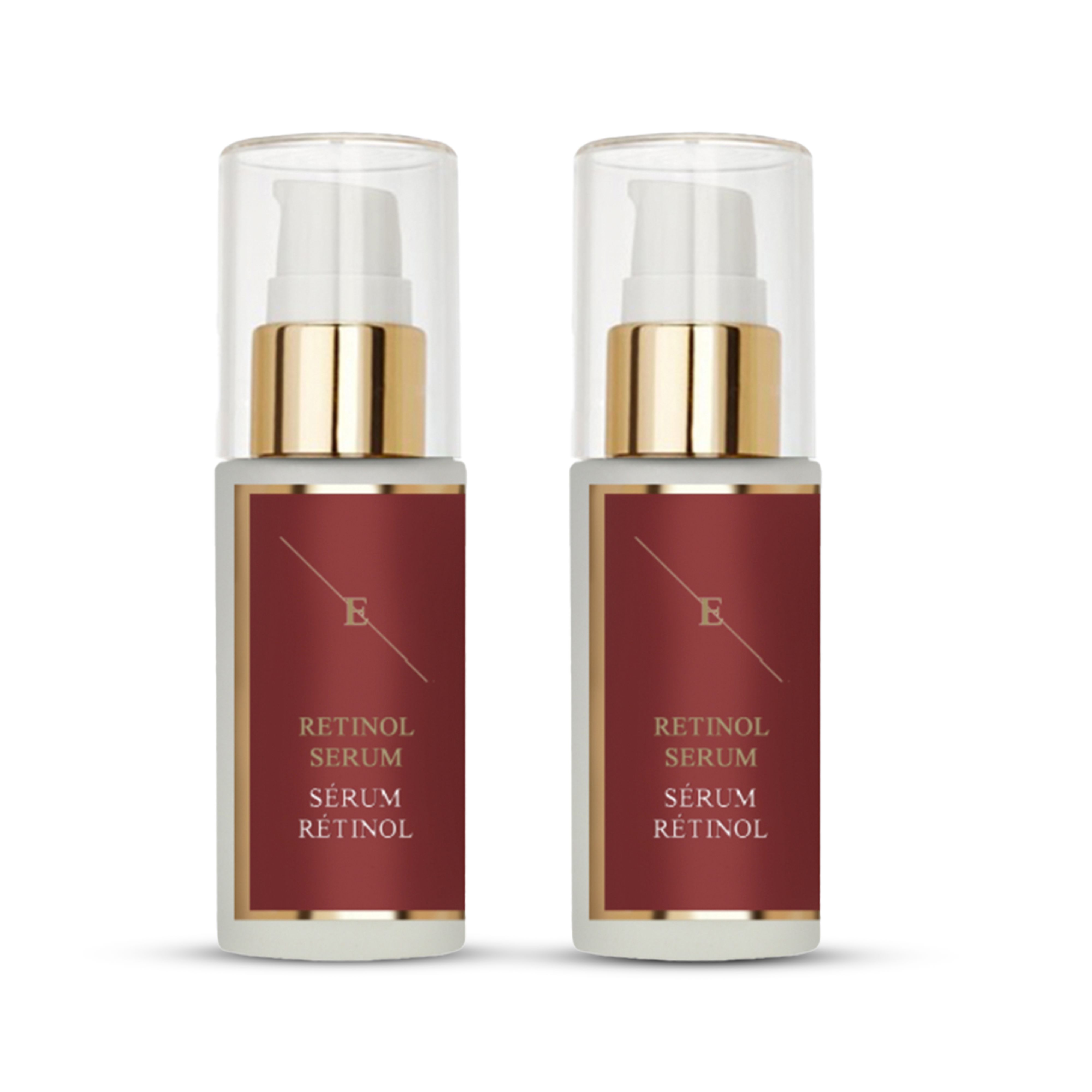 Zwei Flaschen Serum mit Pumpverschluss. Aufschrift: Retinol Serum. Roter Aufkleber mit goldenem Rahmen und Logo.