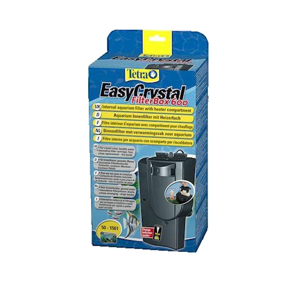 Tetra EasyCrystal FilterBox 600. Schwarzer Innenfilter mit Heizfach in Verpackung. Blaue Box mit Produktname und Beschreibung.