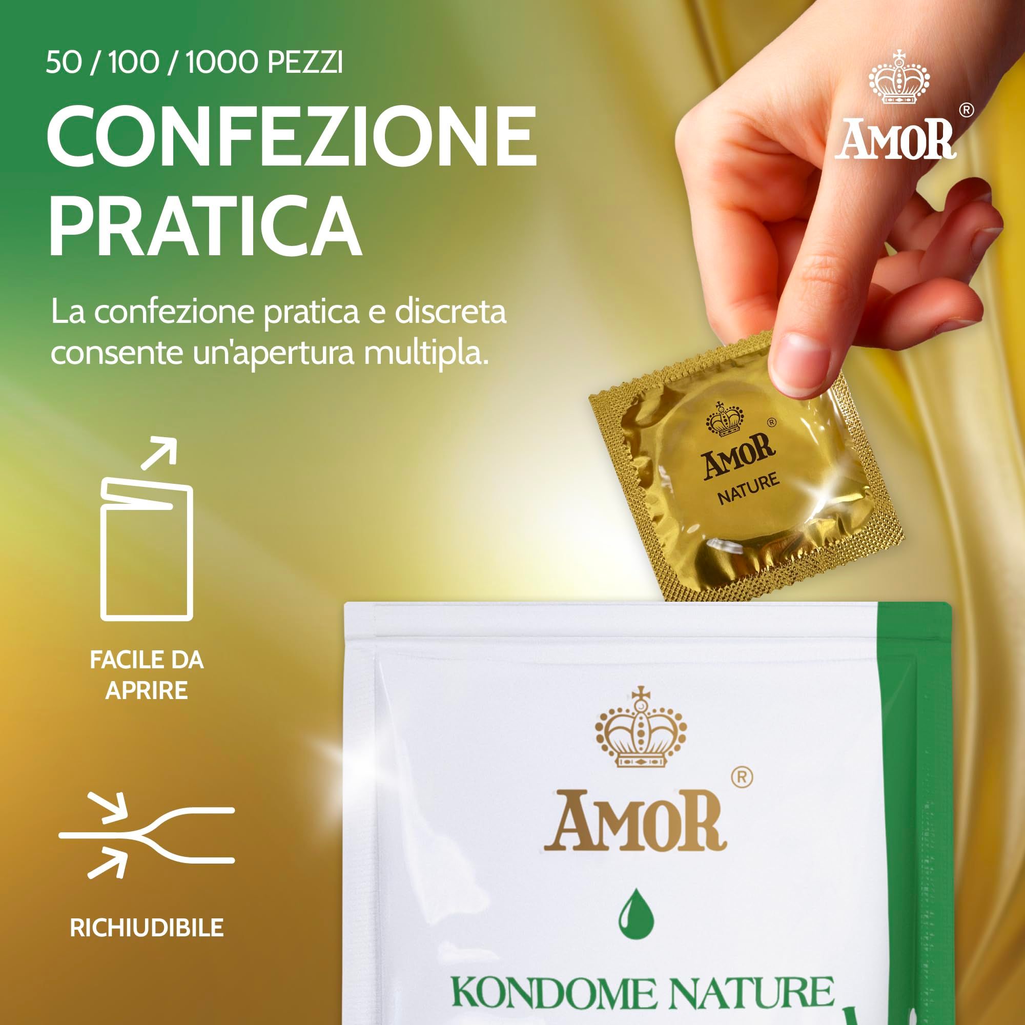 Amor Kondom, einzeln verpackt in goldener Folie, 53mm.