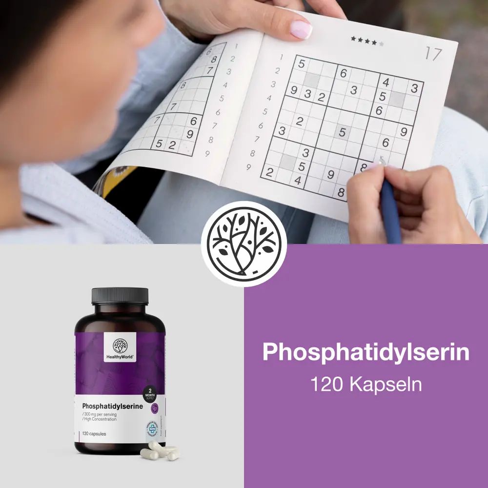 Collage: Frau löst Sudoku, daneben eine Dose Phosphatidylserin und eine Flasche mit 120 Kapseln.