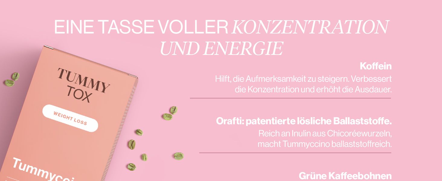 Tummy Tox Tummyccino-Packung, daneben Text: Koffein, lösliche Ballaststoffe, grüne Kaffeebohnen.